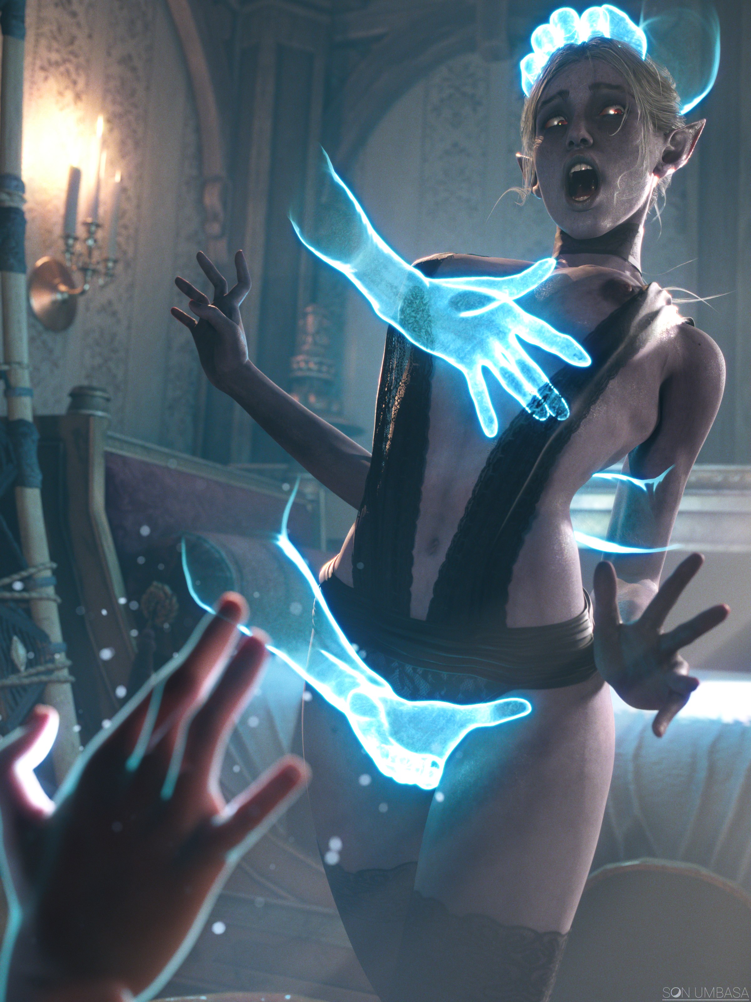 3d, 3d (artwork), 3d artwork, 3d background, 3d model, 3d render, baldur's gate, baldur's gate 3, drow, dubious consent, dungeons and dragons, erect nipples, fantasy, female/male, forgotten realms, gale dekarios, grope, groping, groping pussy, hair grab, hard nipples, hate sex, highres, human, human/humanoid, humanoid, humanoid/human, larian studios, light skin, light-skinned male, lingerie, mage hand, male/female, medieval fantasy, minthara, pointy ears, purple skin, purple-skinned female, pussy grab, revenge sex, sexual assault, sexual harassment, sketch page, son umbasa, stockings, undressing, white hair, white-haired female, wizard