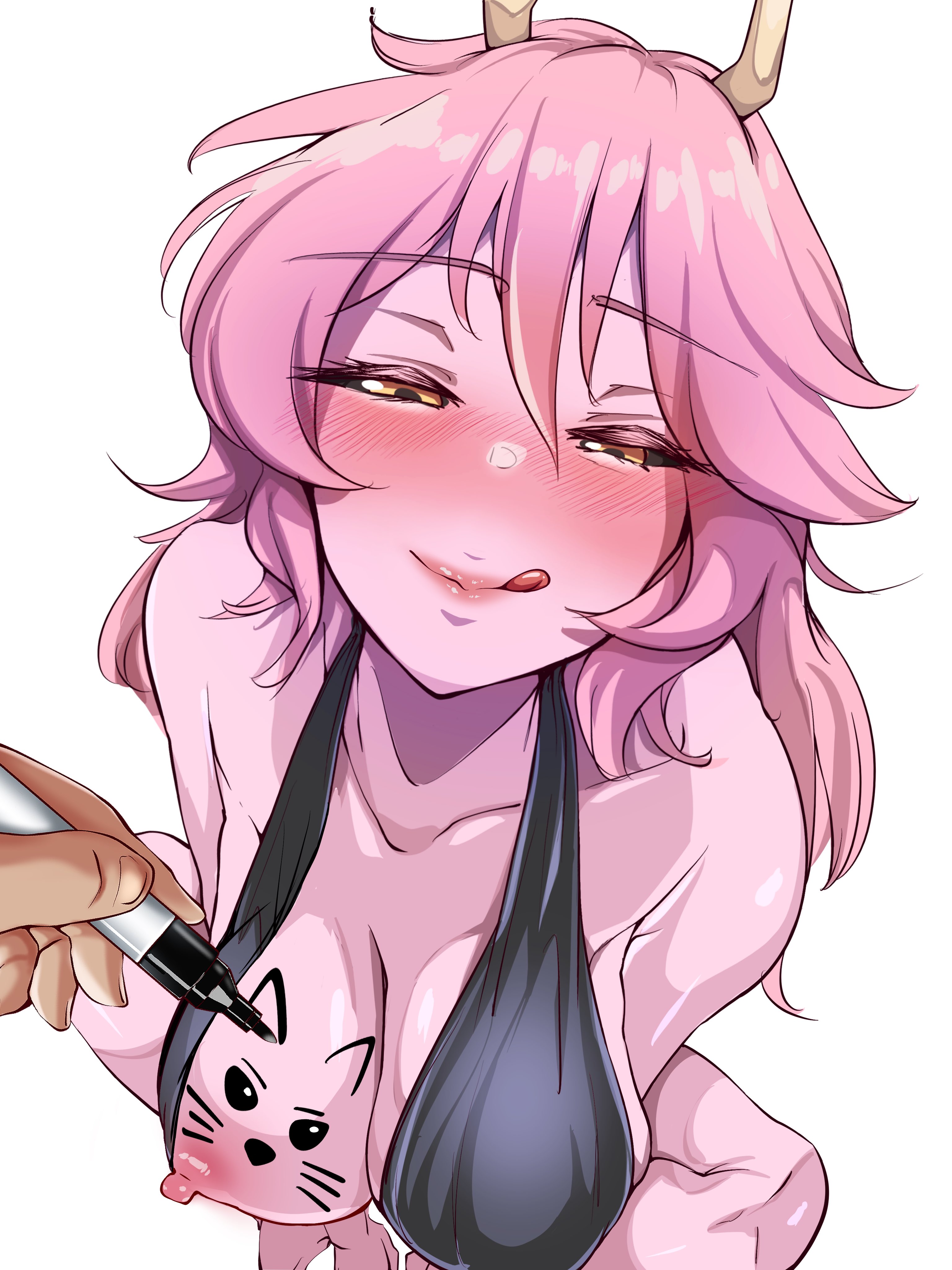 1girl, 1other, absurdres, ashido mina, ashido mina time-skip, black dress, black sclera, blush, boku no hero academia, breasts, breasts out, chanwara 06, chanwara 06 (sabwara06/wara3977712), cleavage, collarbone, colored sclera, colored skin, commentary, drawing (action), drawing on another, dress, english commentary, from above, half-closed eyes, halter dress, halterneck, highres, holding, holding marker, horns, large breasts, licking lips, long hair, looking at viewer, marker, mina ashido, mina ashido time-skip, my hero academia, nipples, paid reward available, pink skin, pov, seductive smile, simple background, sitting, smile, solo focus, tongue, tongue out, white background, yellow eyes, yellow horns