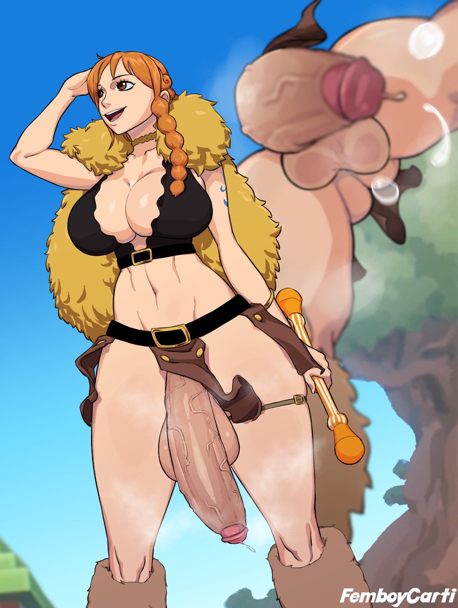 balls, ballsack, casual, clothing, elbaf, femboycarti, from below, futa only, futanari, huge balls, huge breasts, huge cock, human, intersex, nami (one piece), nami (one piece) (elbaf), nonsexual, nonsexual nudity, one piece, one piece: elbaf arc, orange hair, pale skin, penis, penis focus, solo, solo futa