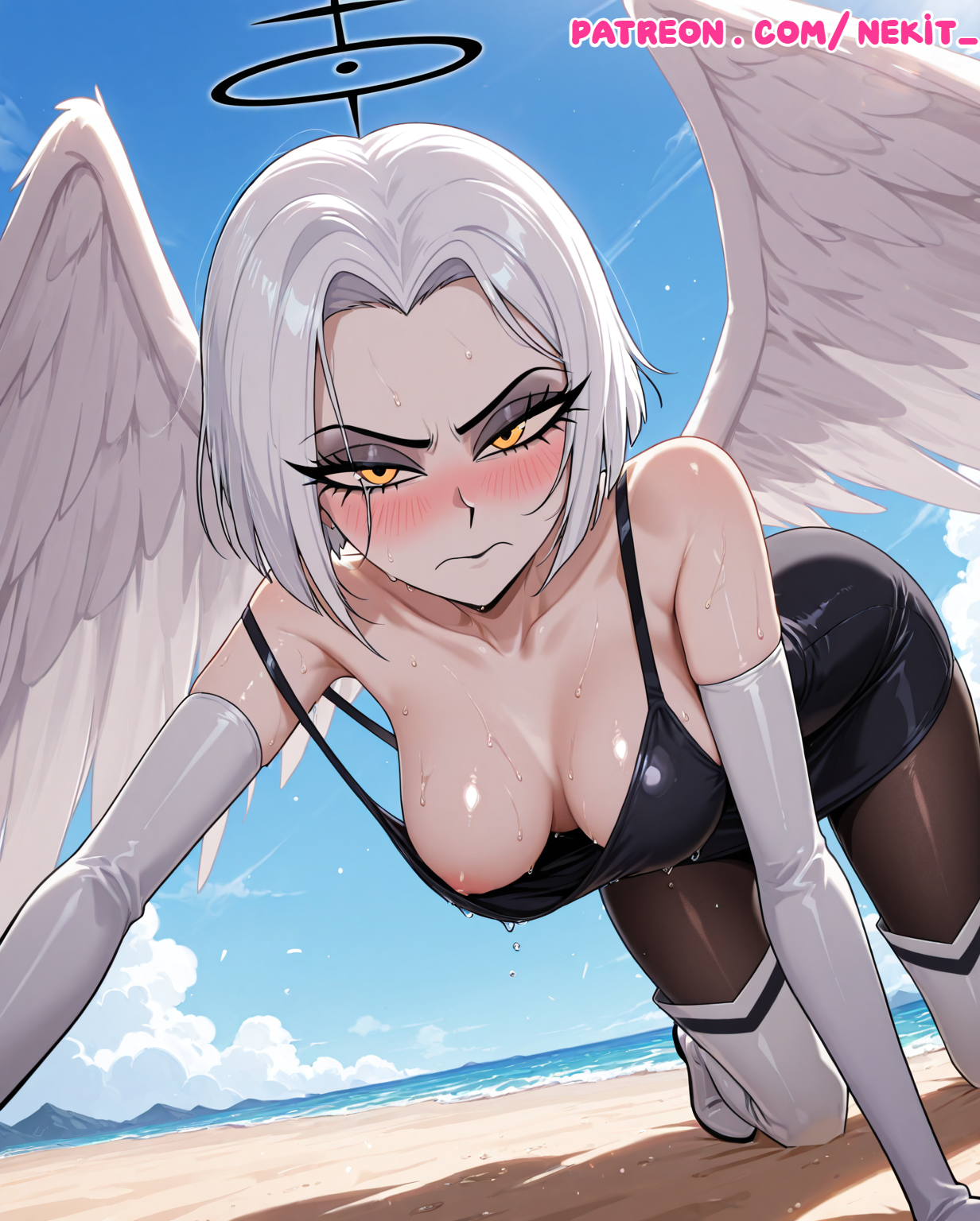 1girls, ai generated, all fours, angel, angel girl, angel wings, annoyed, annoyed expression, arched back, bare breasts, bare shoulders, beach, before sex, bent over, black dress, black halo, black pantyhose, blue sky, blush, blushing, blushing profusely, boots, breasts, breasts out, collarbone, curvy, curvy figure, day, dress, elbow gloves, embarrassed, embarrassed female, female, female focus, fit, fit female, from below, genital fluids, genitals, gloves, halo, hazbin hotel, hips, horny, human, humanoid, imminent sex, light skin, light-skinned female, looking at viewer, lute (hazbin hotel), medium breasts, nekit, nipples, on all fours, on knees, pale skin, pale-skinned female, pantyhose, patreon, patreon username, pussy, pussy juice, sand, seductive, sexy, sexy female, sexy pose, shiny skin, short hair, slim waist, solo, solo female, solo focus, straight, sweat, sweating, thigh boots, vagina, water, watermark, wet, wet body, white hair, white skin, wide hips, wings, yellow eyes