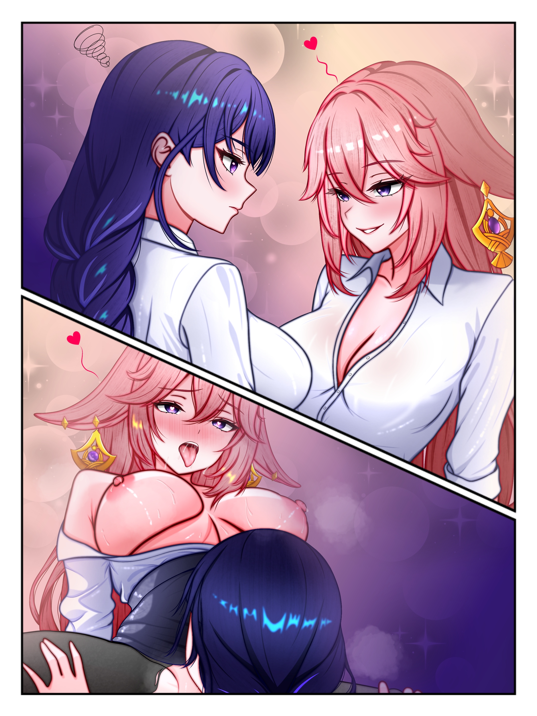 2girls, areolae, big breasts, fanart, female, female only, genshin impact, heart-shaped pupils, hecshadowartof, hi res, high resolution, hoyoverse, light skin, light-skinned female, nipples, oral, oral sex, pink hair, pink nipples, purple eyes, purple hair, raiden shogun, simple background, stockings, tongue, tongue out, white shirt, yae miko, yuri