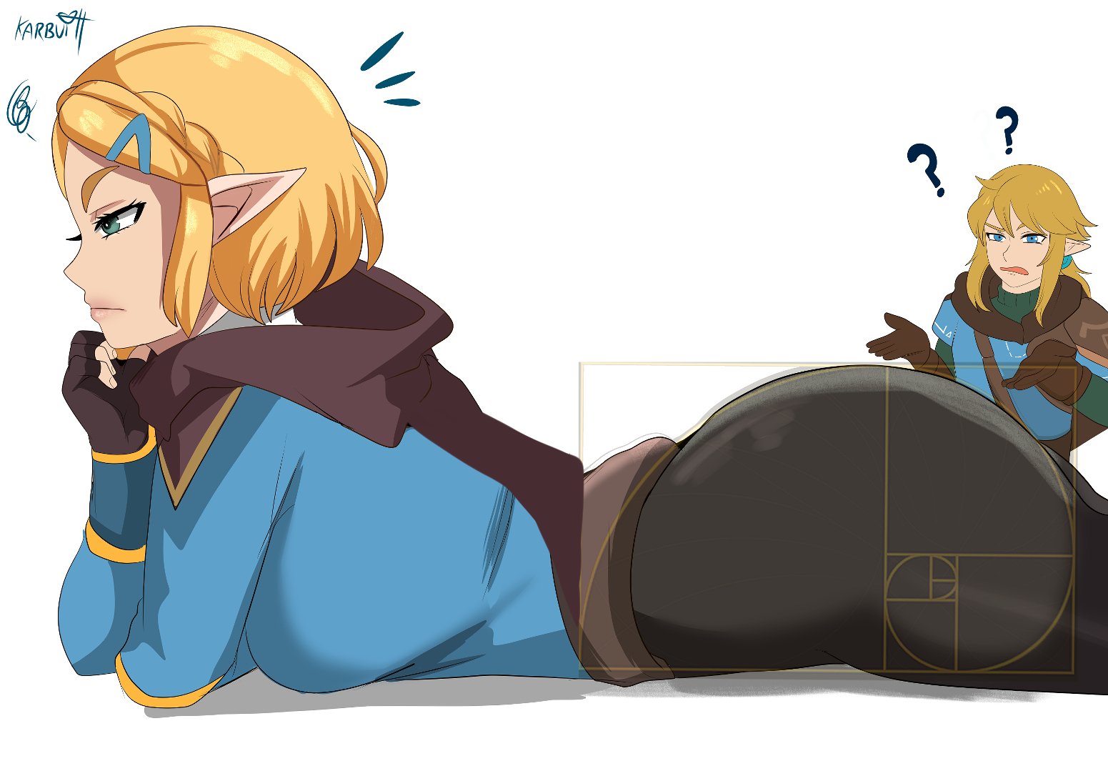 1boy, 1girls, artist name, ass, big breasts, blonde hair, breasts, clothed, clothing, dialogue, english text, female, golden ratio, hi res, karbuitt, large ass, link, link (tears of the kingdom), male, nintendo, open mouth, pointy ears, princess zelda, short hair, tears of the kingdom, text, the legend of zelda, thick thighs, thighs, wide hips, zelda (tears of the kingdom)