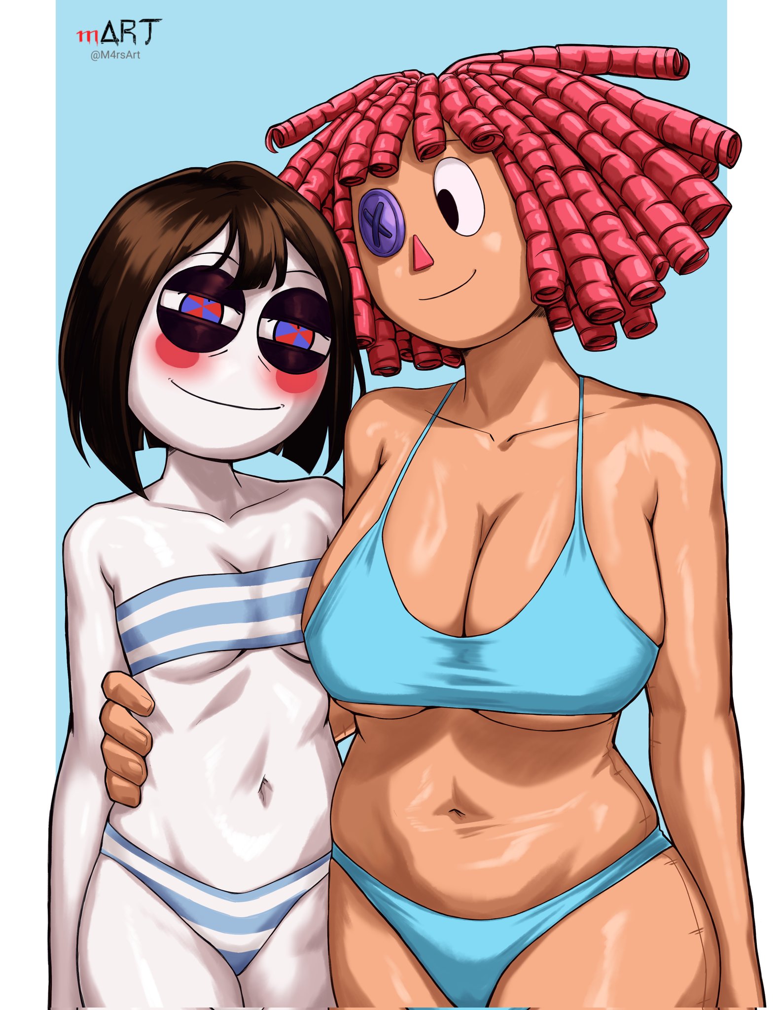 2girls, big breasts, bikini, bikini bottom, bikini top, black eyes, blue bikini, blue eyes, blush, bottomwear, breast envy, breast focus, breasts, brown hair, button eyes, cleavage, female, female only, glitch productions, gooseworx, hair, half-closed eyes, hand on waist, heterochromia, huge breasts, m4rsart, meme, meme reference, mother daughter boob envy (meme), pomni (the amazing digital circus), ragatha (the amazing digital circus), red eyes, red hair, small breasts, smile, striped bikini, swimwear, the amazing digital circus, topwear, tubetop, white body, white skin