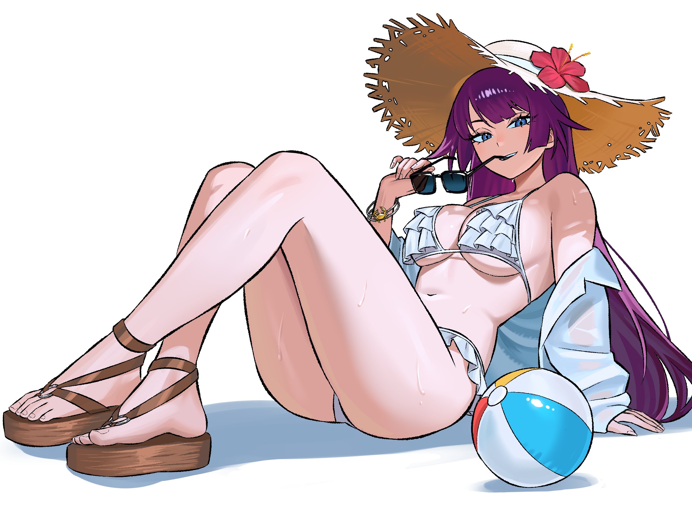 1girls, bakemonogatari, big breasts, bikini, blue eyes, blush, blushing, breasts, cleavage, feet, female, female only, hat, huge breasts, large breasts, long hair, looking at viewer, monogatari (series), navel, platform sandals, purple hair, sandals, senjougahara hitagi, shiny skin, shoes, slim waist, solo, solo female, sunglasses, sweat, sweatdrop, thighs, volleyball, wedge heels, white background, zeon (zzeeonn), zeon j
