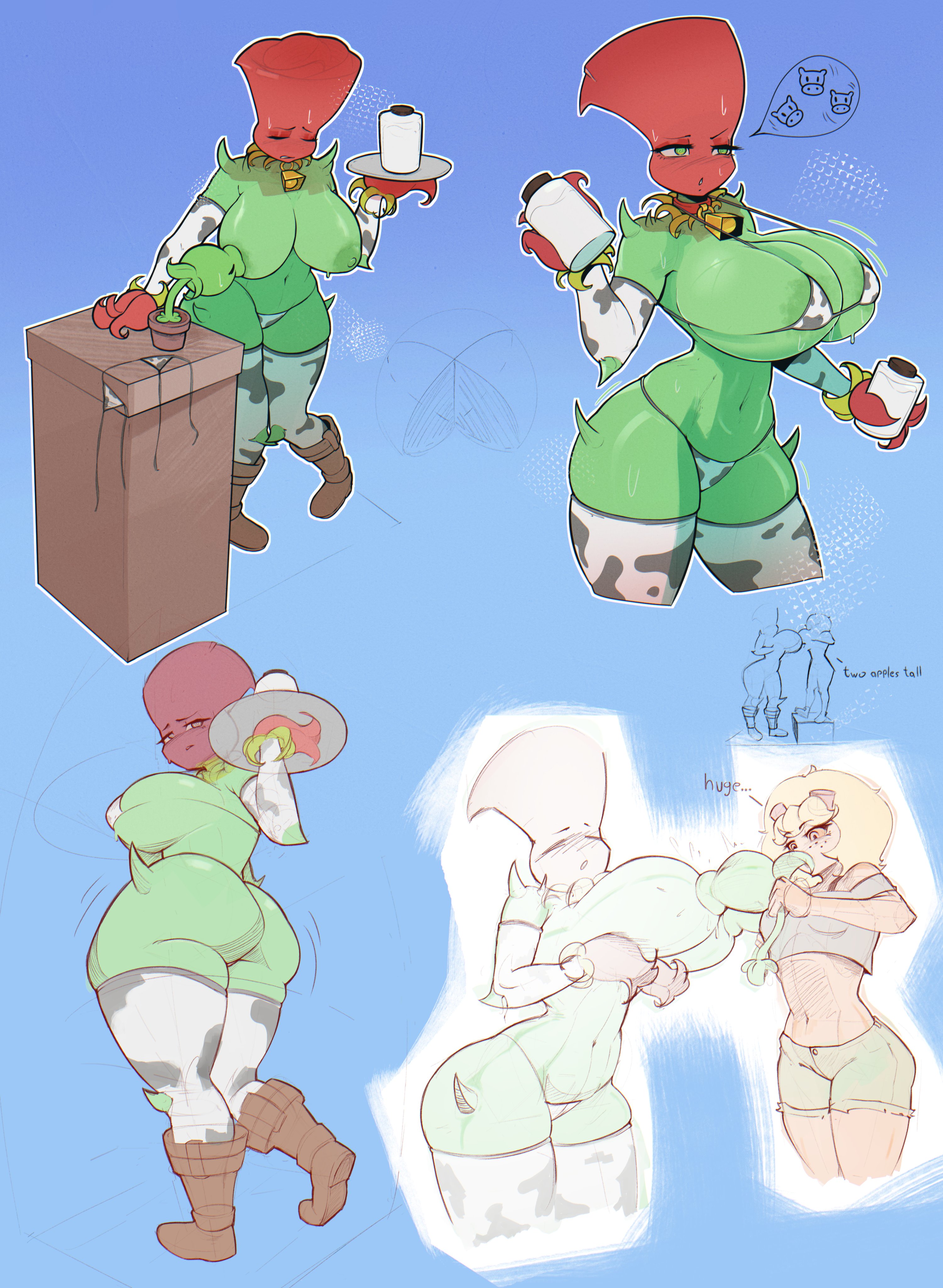 1boy, 2girls, anthro, anthrofied, ashamed, ass, blush, breast sucking, breastfeeding, breasts, breasts out, cow print, cowbell, curvy, curvy figure, electronic arts, embarrassed, female, feral, flora fauna, freckles, green body, green eyes, green skin, huge breasts, lactating, lactation, larger female, legs crossed, mechanic, milk, peashooter (pvz), plant, plant humanoid, plantie, plants vs zombies, plants vs. zombies, popcap games, rose, rose (pvz), shiny skin, size difference, smaller male, solar flare (peargor), solar flare (pvz), string bikini, string panties, sucking nipples, sunflower (pvz), sweat, sweatdrop, sweating, tagme, text, tight clothing, video game character, video games, zeryn
