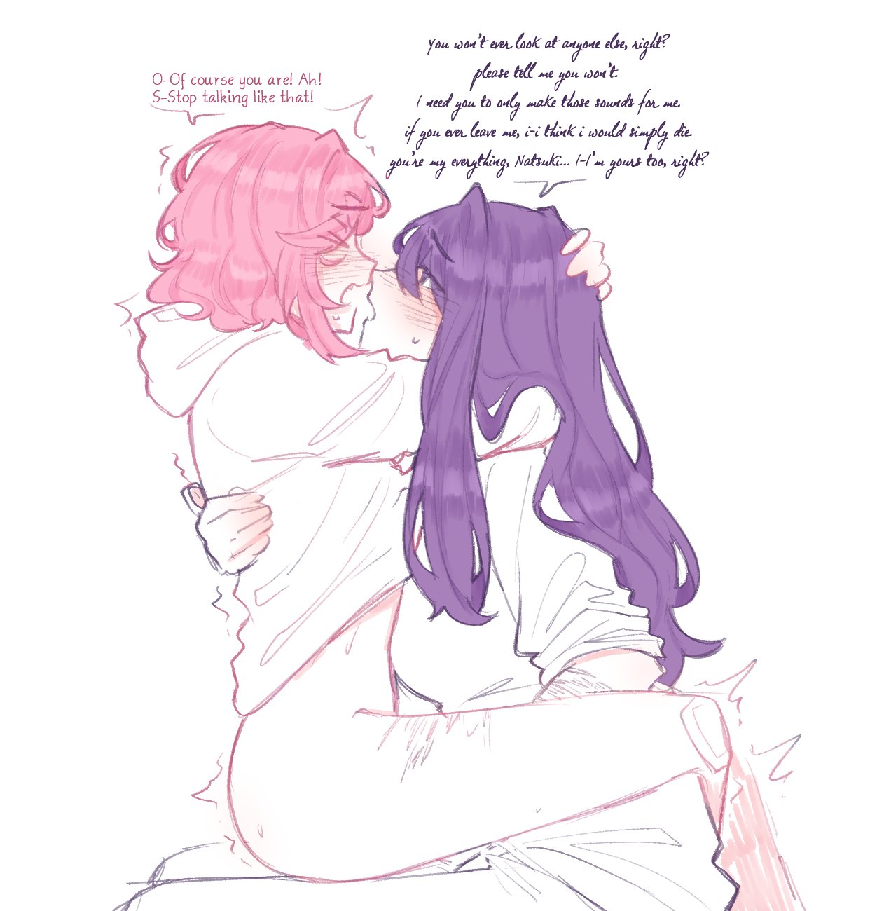2girls, bandage, bandage on knee, blush, bottomless, bottomless female, dialogue, dirty talk, doki doki literature club, eyes closed, female, female only, female/female, functionally nude, functionally nude female, hoodie, hoodie lift, hoodie only, implied fingering, lesbian, lesbian sex, limited color, limited palette, natsuki (doki doki literature club), needy, partially clothed, partially clothed female, pockiseisont, possessive, scars on arm, scars on thighs, self harm scars, speaking to partner, yuri, yuri (doki doki literature club)