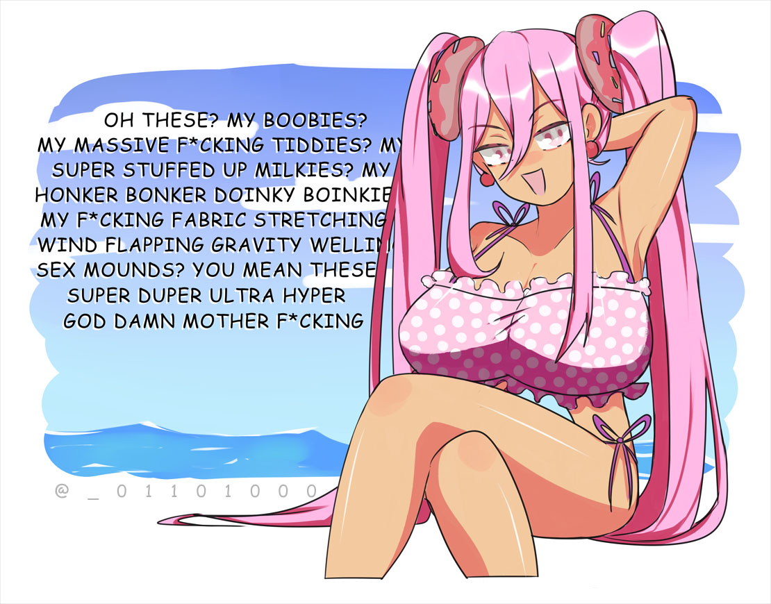  01101000, 01101000, 1girls, 2d, beach, big breasts, bragging, breast size talk, breasts, confident, english text, female, female only, huge breasts, meme, oh these? (meme), omori, pink bra, sand, showing off, size talk, smug, solo, sweetheart (omori), talking, talking to viewer, text