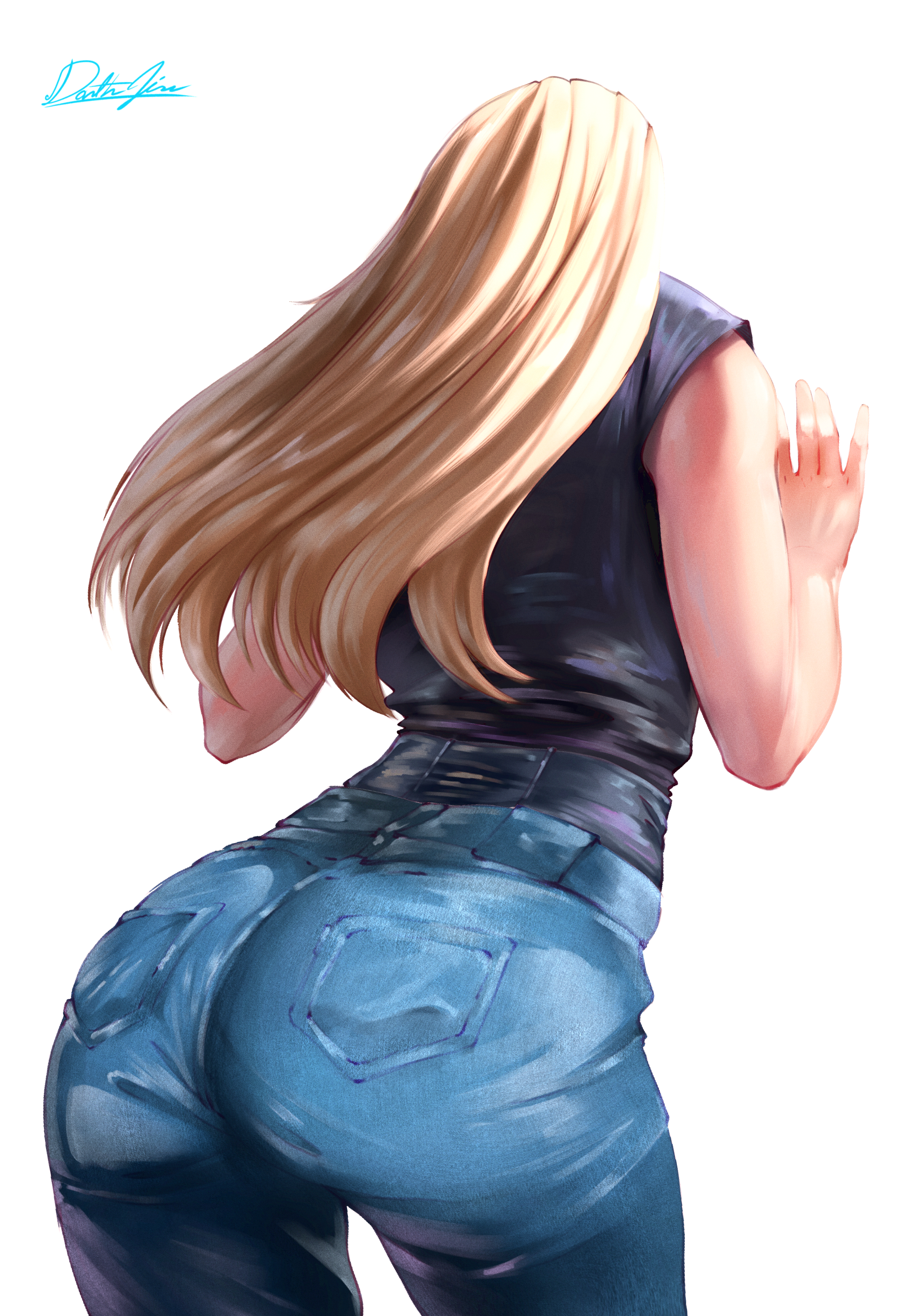 ass, ass focus, ass shake, ass shaking, big ass, blonde, blonde female, blonde hair, blonde hair female, blonde-haired female, dancing, darth jin, hands up, high waisted jeans, high waisted pants, jeans, jujutsu kaisen, long hair, shaking, shaking ass, shaking butt, tank top, tsukumo yuki (jujutsu kaisen), yuki tsukumo