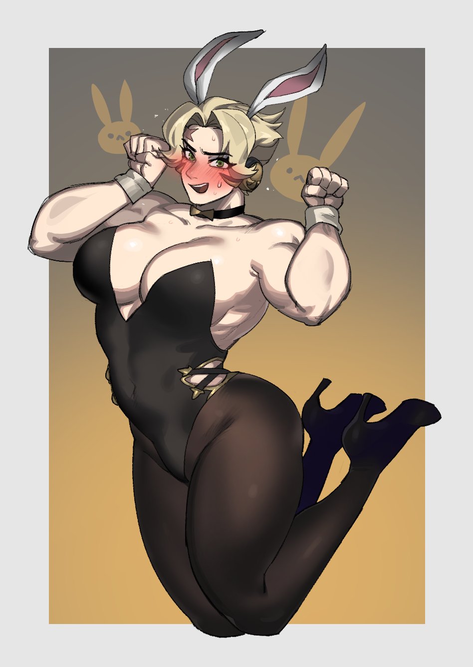 aleksandra zaryanova, big ass, big breasts, blonde hair, blush, blushing, bunny ears, bunnysuit, cleavage, difman, embarrassed, embarrassed female, gloves, green eyes, heels, light-skinned female, muscles, muscular, muscular arms, muscular female, official alternate costume, overwatch, overwatch 2, pantyhose, russian female, scar, scar on face, short hair, thick thighs, waist cutout, zarya