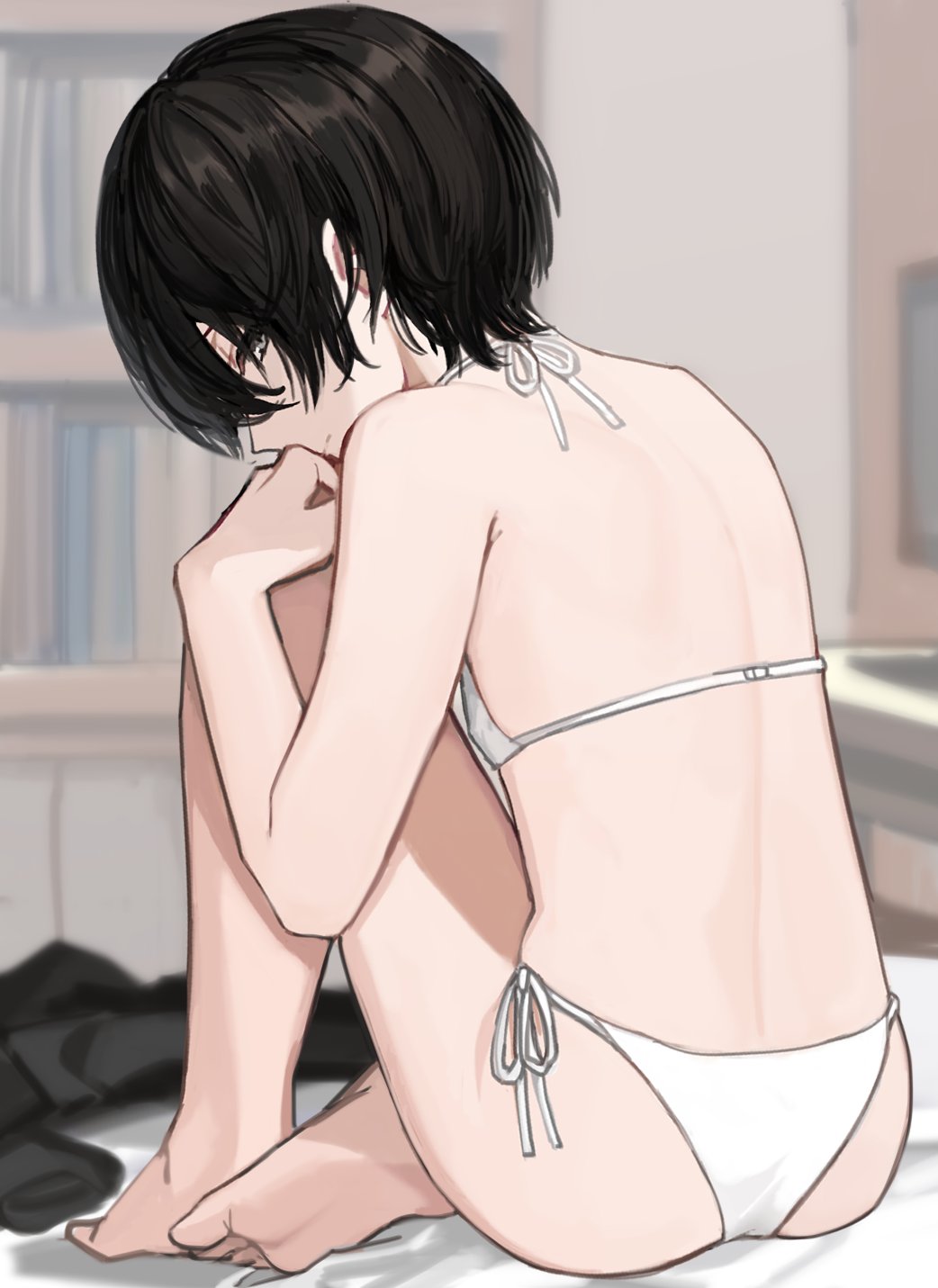 1boy, androgynous, ass, back, bikini, black hair, crossdressing, femboy, from behind, girly, highres, indoors, looking back, male, male focus, male only, original, otoko no ko, short hair, sitting, solo, sunaba (nczd5875), swimsuit, trap, white bikini