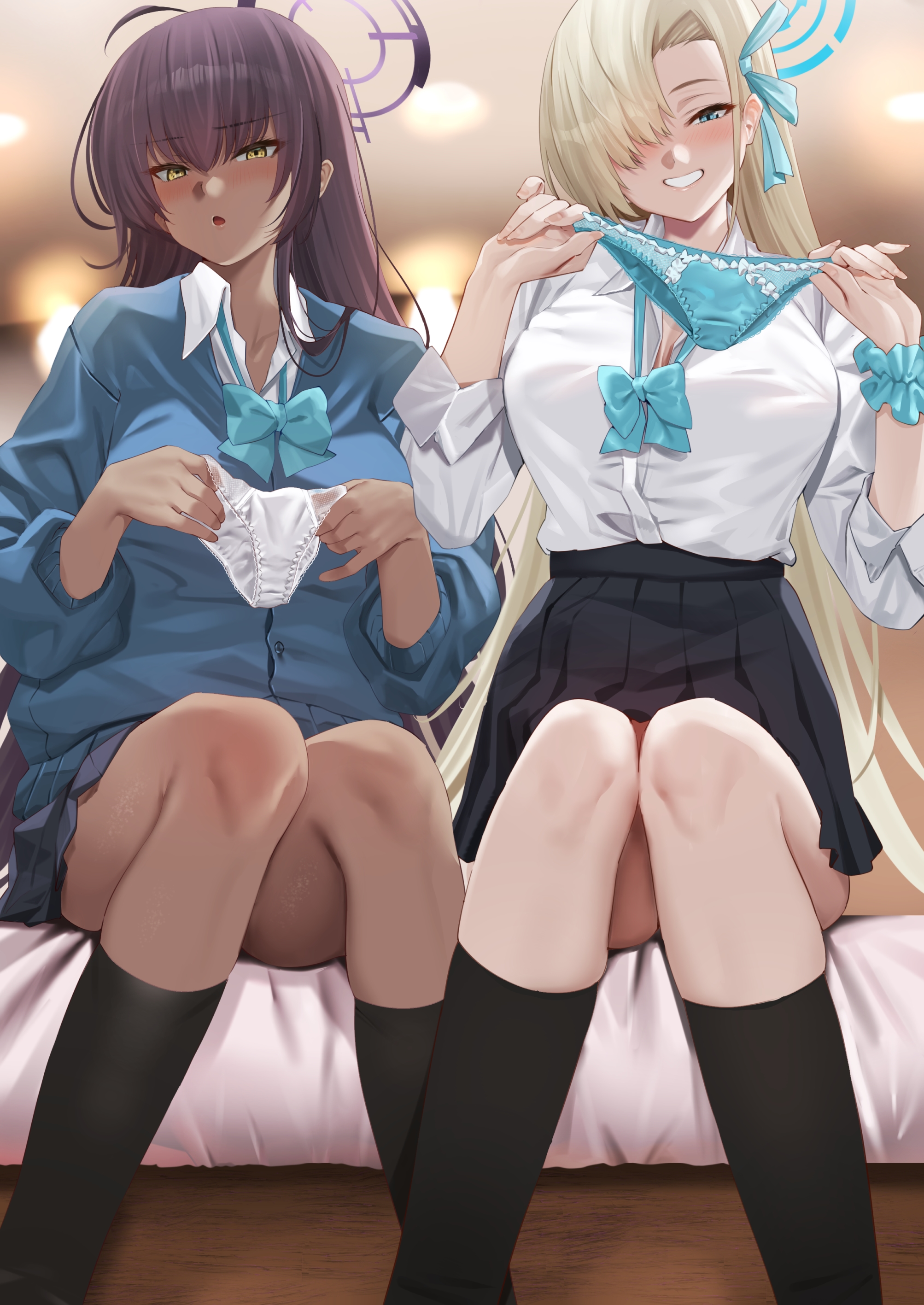 :), :o, 2girls, ahoge, asuna (blue archive), asuna (school uniform) (blue archive), asymmetrical bangs, bed, bedroom, black hair, black skirt, black socks, blonde hair, blue archive, blue bowtie, blue eyes, blue panties, blue ribbon, blue sweater, blue underwear, blurry background, blush, bow panties, bowtie, breasts, ceiling, ceiling light, closed mouth, clothed, clothing, collared shirt, dark skin, dark-skinned female, depth of field, eyebrows visible through hair, female, female focus, foot out of frame, forehead, frilled panties, gradient hair, gyaru, hair over one eye, hair ribbon, halo, holding, holding object, holding panties, indoors, karin (blue archive), karin (school uniform) (blue archive), lace panties, lace-trimmed panties, large breasts, light, light-skinned female, long sleeves, looking at viewer, miniskirt, multicolored hair, one eye covered, open mouth, panties, panties removed, pleated skirt, portrait, purple hair, ramanda, school uniform, schoolgirl, scrunchie, see-through, see-through panties, shirt, sitting, sitting on bed, skirt, smile, socks, straight hair, sweater, teeth, thighs, underwear, unworn panties, very high resolution, very long hair, white panties, white shirt, white underwear, wispy bangs, yellow eyes