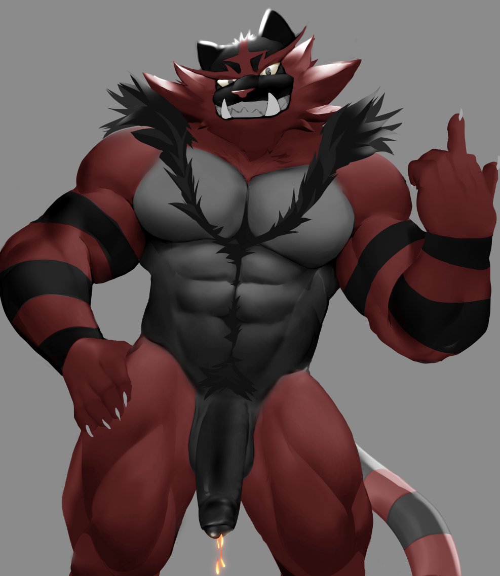 5_fingers abs anthro balls big_penis black_fur black_penis claws cum feline_humanoid fighter furry game_freak gay genital_fluids green_eyes hairy_legs huge_cock humanoid_penis incineroar male_only middle_finger muscular_male naughty_face naughty_smile nintendo orange_cum pokemon pokemon_sm pubic_hair red_fur semi-erect sharp_teeth striped strong tail tights unknown_artist