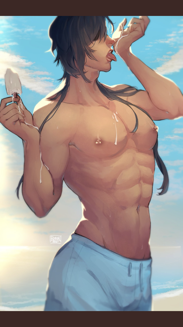 abs, ambush (trap), artrobiins, breasts, dripping, femboy, genshin impact, ice cream, kaeya (genshin impact), male, male breasts, male only, male with breasts, nipple piercing, nipples, pecs, piercing