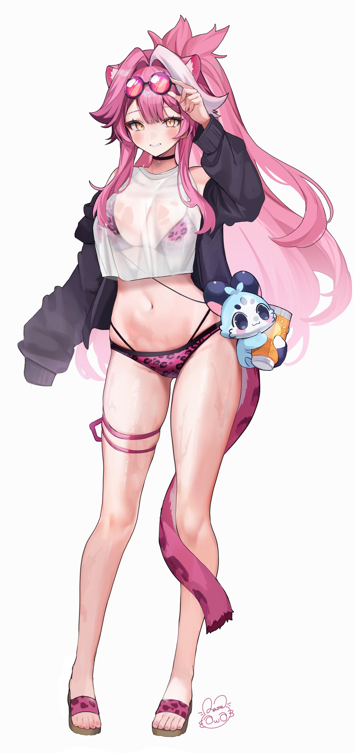 1girls, 2024, adjusting eyewear, alternate costume, animal ears, animal print, animal print bikini, animal tail, belly button, big breasts, bikini, bikini bottom, bikini top, black topwear, blush, breasts, chattino (raora panthera), choker, crop top, fan mascot (vtuber), female, female focus, female only, front view, glasses, glasses on head, high resolution, highres, hololive, hololive english, hololive english -justice-, hourglass figure, light skin, light-skinned female, long hair, long sleeves, looking at viewer, mascot, navel, official alternate costume, official art, open clothes, panther ears, panther girl, panther tail, pink bikini, pink bikini bottom, pink bikini top, pink glasses, pink hair, pink nails, pink swimsuit, ponytail, raora panthera, raora panthera (artist), raora panthera (beach episode), sandals, see-through, see-through clothing, see-through top, simple background, smiling, smiling at viewer, solo, solo female, solo focus, standing, sunscreen, swimsuit, thin waist, two piece swimsuit, virtual youtuber, vtuber, white background, yellow eyes