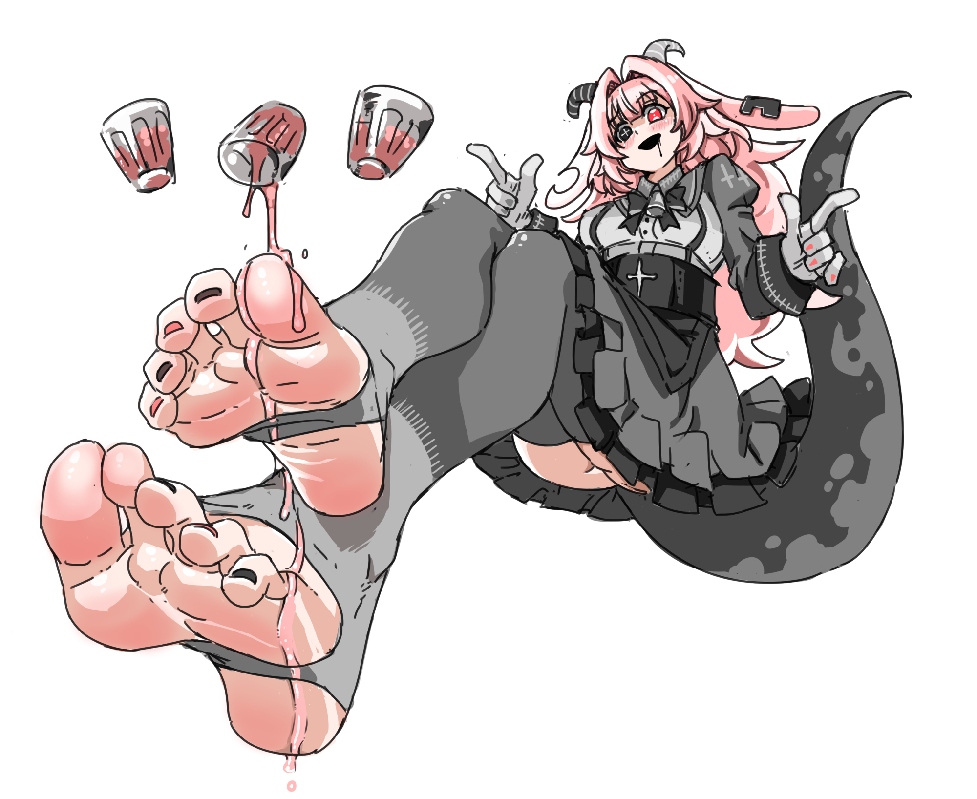 drooling, drunken goddess reflux, eiji (eiji), feet, femme soule, foot fetish, gloves, heterochromia, horns, maid uniform, nail polish, pink hair, pukey goddess shot trick, stirrup legwear, stirrup thighhighs, tail, thighhighs