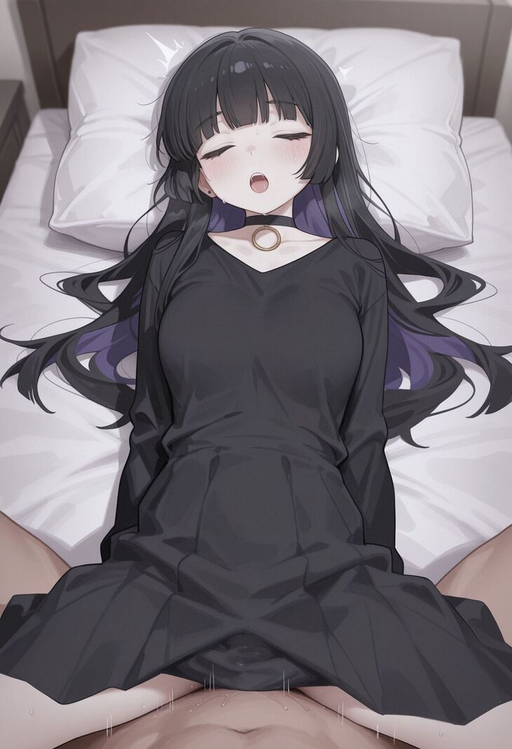 1boy, 1girl, ai generated, bed, bed sheet, black choker, black dress, black hair, blunt bangs, blush, bocchi the rock!, breasts, choker, closed eyes, clothed female nude male, clothed sex, collarbone, colored inner hair, dmk meow, dress, ear piercing, earrings, hetero, implied sex, jewelry, long hair, long sleeves, lying, missionary, multicolored hair, nude, on back, on bed, open mouth, pa-san, piercing, pillow, pov, purple hair, sex, solo focus, spread legs, sweat