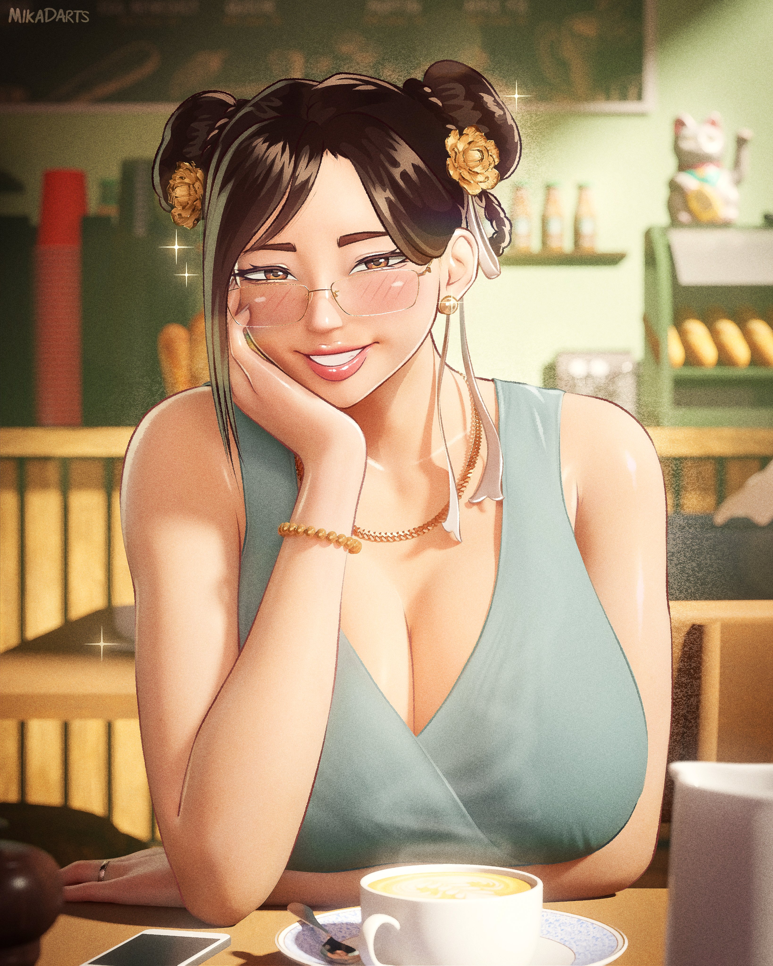 1girl, absurdres, alternate costume, alternate hairstyle, artist name, bare shoulders, beads, bespectacled, big breasts, blush, blush lines, blushing, bracelet, breast rest, breasts, breasts on table, brown eyes, brown hair, bun cover, capcom, cellphone, chun-li, cleavage, coffee, coffee mug, collarbone, commentary, cup, date, date night, double bun, dress, earrings, english commentary, flower, glasses, grin, hair bun, hair flower, hair ornament, hair ribbon, hand on own cheek, hand on own face, head rest, highres, huge breasts, indoors, jewelry, lips, looking at viewer, makeup, mature female, mikadawn, mug, necklace, pearl earrings, phone, pov, pov across table, restaurant, ribbon, ring, saucer, sfw, sitting, sleeveless, smartphone, smile, solo, sparkle, street fighter, table, teacup, voluptuous, wedding ring, white ribbon