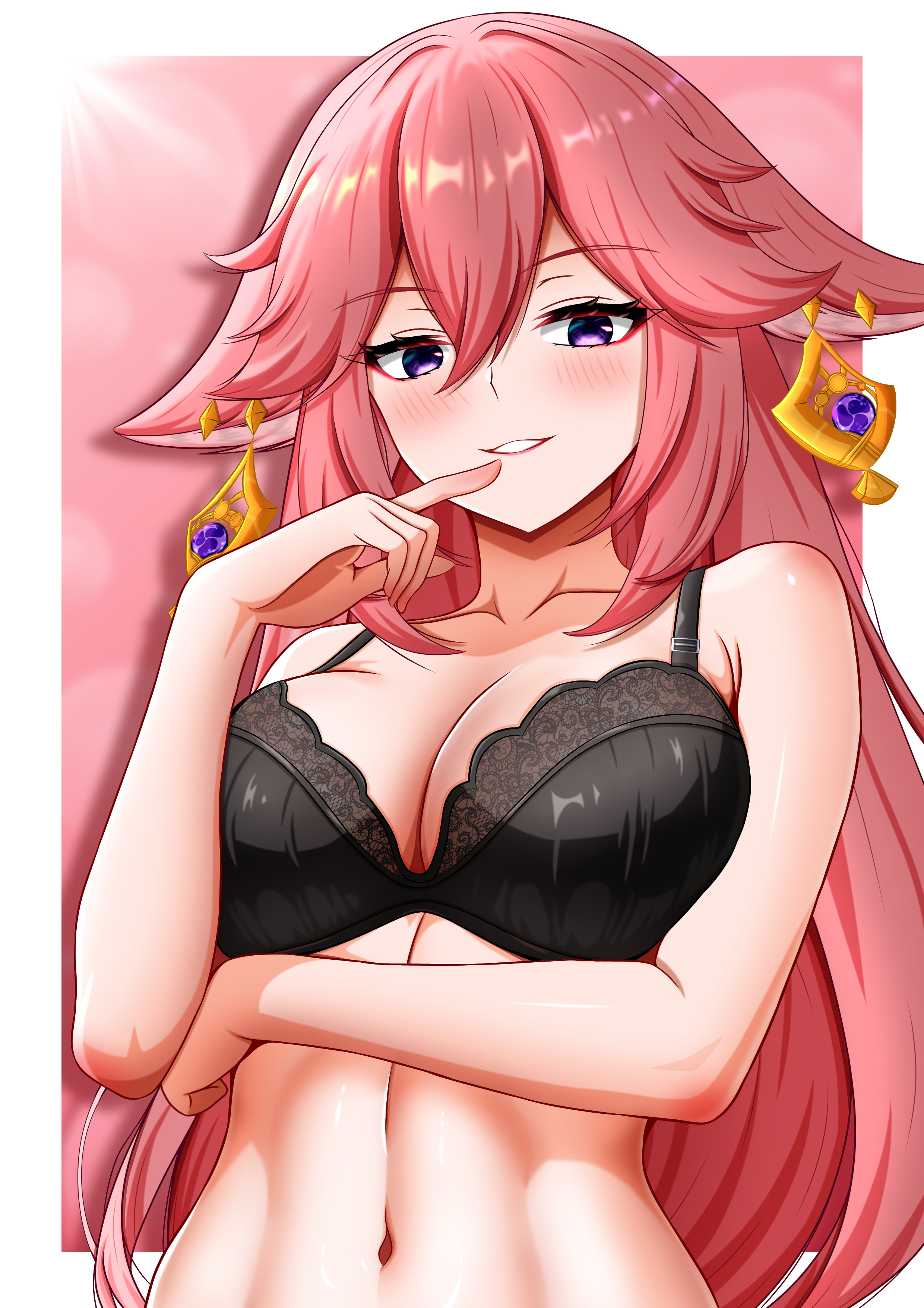 1girls, big breasts, bra, fanart, female, female only, genshin impact, hecshadowartof, hi res, high resolution, hoyoverse, light skin, light-skinned female, pink hair, purple eyes, simple background, smile, yae miko