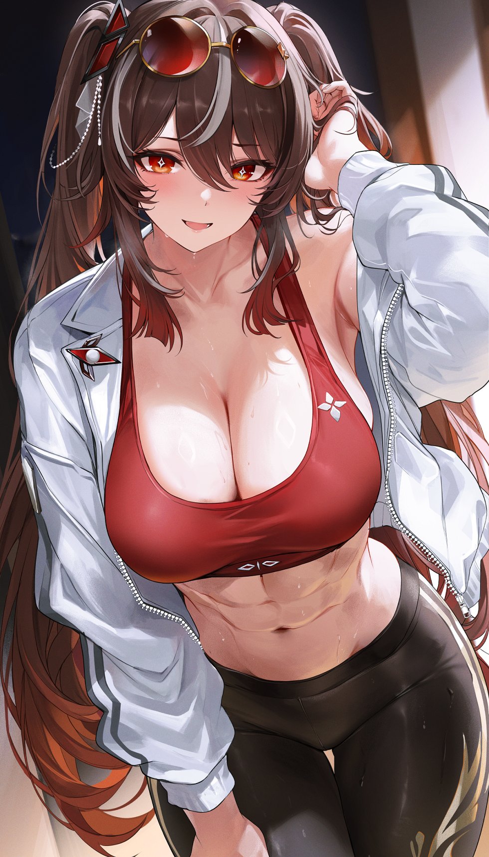 1girls, abs, armpits, black leggings, blush, breasts, brown hair, character request, cleavage, collarbone, cosplay, diamond (shape), diamond-shaped pupils, eyewear on head, genshin impact, highres, hu tao (genshin impact), hu tao (genshin impact) (cosplay), jacket, large breasts, leggings, looking at viewer, multicolored hair, muscular, muscular female, nidya swadesvadya (re0n), original, re0n, red eyes, red sports bra, red-tinted eyewear, sidelocks, solo, sports bra, streaked hair, sweat, symbol-shaped pupils, tinted eyewear, twintails, white hair, white jacket