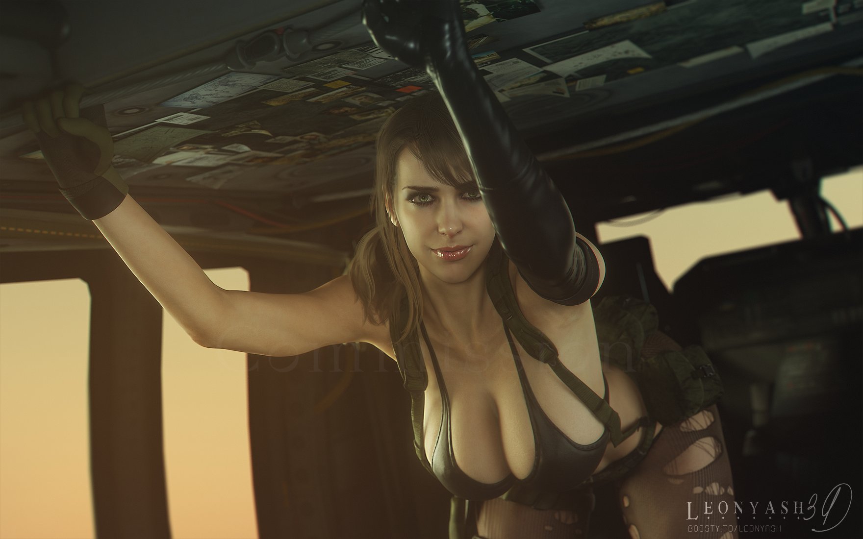 1girls, 2026, 3d, bending forward, bikini top, breasts, brown hair, cell, cleavage, clothed, clothed female, elbow gloves, eyeshadow, female, female only, glossy lips, gloves, green eyes, hanging breasts, hanging on, helicopter, huge breasts, indoors, jail, legs apart, leonyash3d, lip gloss, looking at viewer, mascara, metal gear solid, metal gear solid v, mismatched gloves, pantyhose, pink lip gloss, prisoner, quiet (metal gear), ripped pantyhose, skimpy clothes, skindentation, solo, standing, stefanie joosten, thighs, thong, thong panties, tied bikini, tight bikini