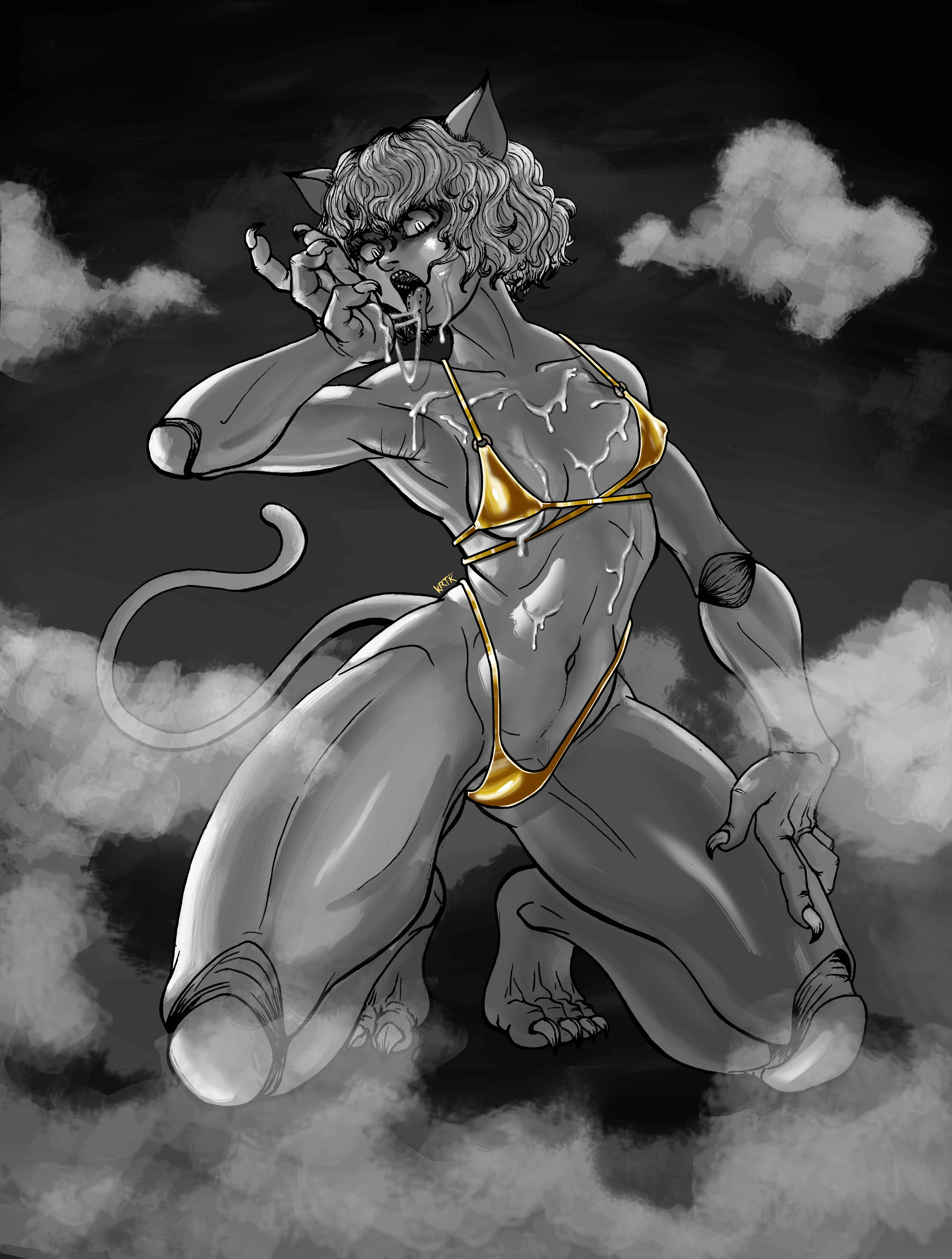 1girls, 2d, 2d (artwork), black and white, cat ears, cat girl, cat tail, catgirl, covered in cum, crazy eyes, feline, female, female focus, female only, golden bikini, golden week, hunter x hunter, inviting, inviting to sex, krotauku, licking cum, looking at viewer, neferpitou, nude female, shiny skin, solo female, squatting, steam, steaming body, steamy breath, sweaty, sweaty body, white hair