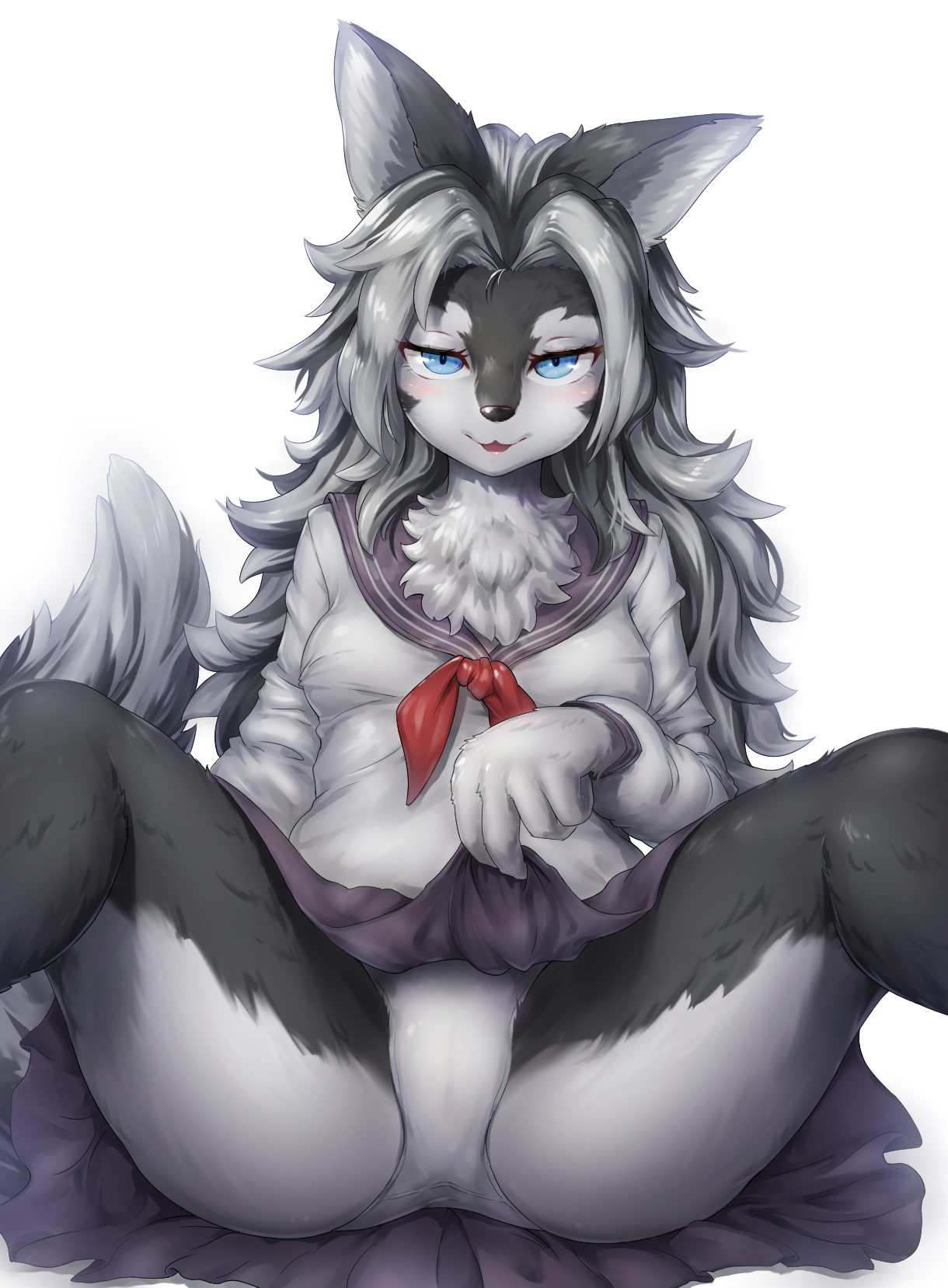 1girls, animal ears, anthro, artist name, black fur, black highlights, blue eyes, blush, cameltoe, canine, female, female only, fur, furry, furry only, furry tail, grey fur, grey hair, healingpit, highres, long hair, looking at viewer, narrowed eyes, panties, pussy, school uniform, sitting, skirt lift, solo, spread legs, tail, voluptuous, white background
