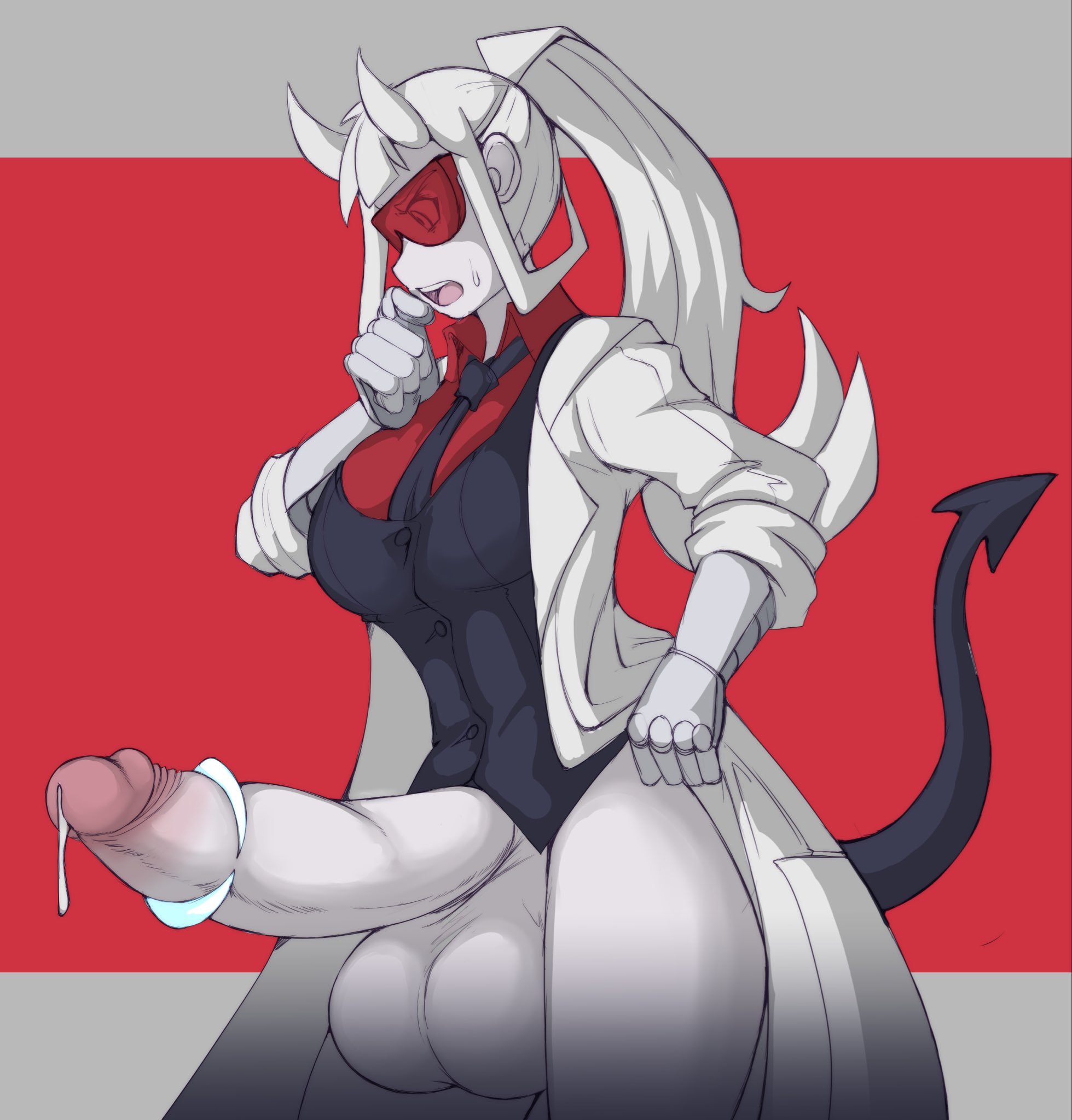 1futa, azazel (helltaker), balls, big balls, big penis, bottomless, breasts, clothed, clothing, futa only, futanari, halo, helltaker, horns, huge balls, huge cock, humanoid, humanoid penis, intersex, kittenboogers, long hair, loremaster (helltaker), partially clothed, penis, precum, red-tinted eyewear, solo, solo futa, standing, sunglasses, tail, thick thighs, tinted eyewear, visor, white hair