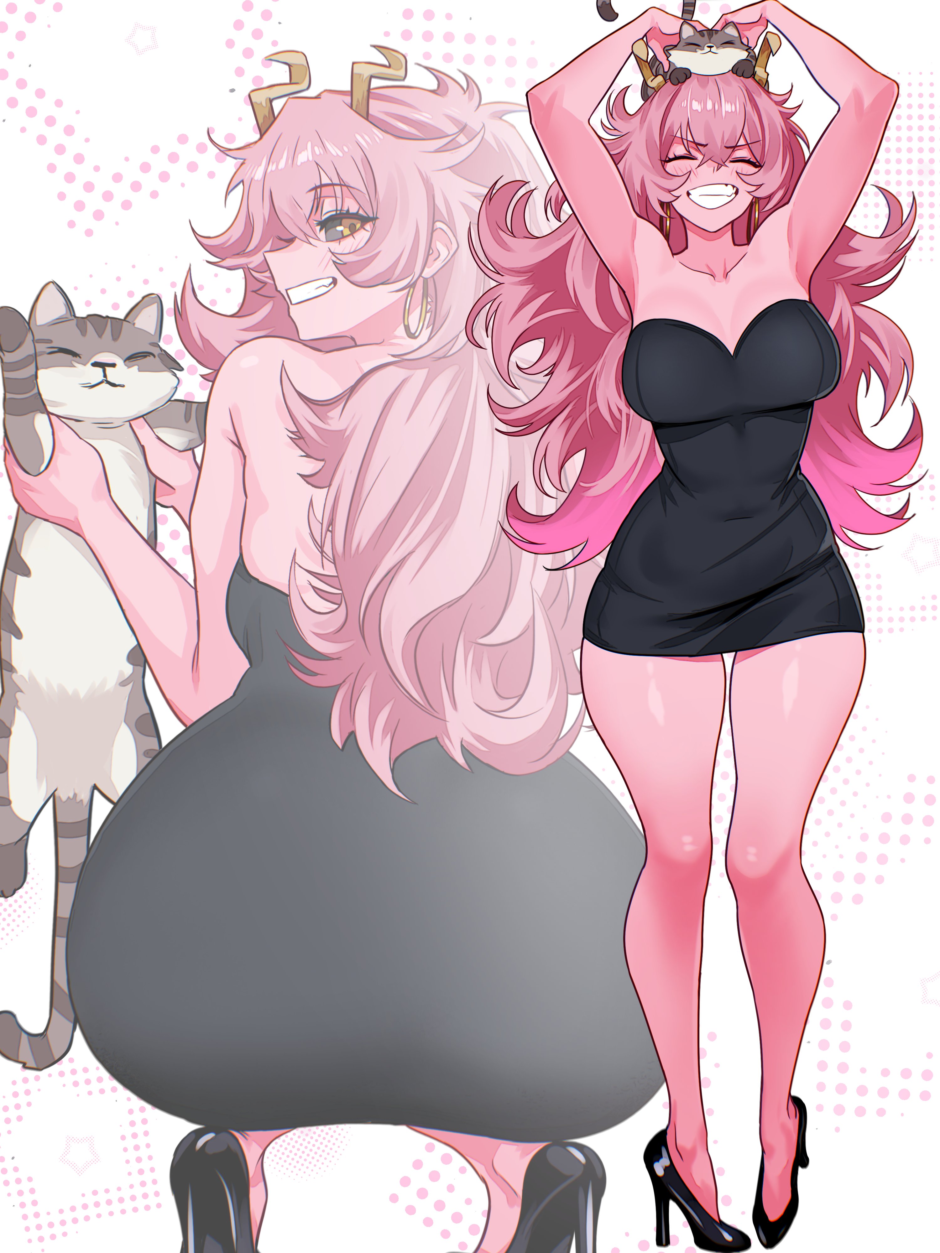 1girl, 1girls, absurdres, animal, animal on head, armpits, ashido mina, ashido mina time-skip, ass, big ass, black dress, black sclera, black shoes, blush, boku no hero academia, breasts, cat, cleavage, clenched teeth, closed eyes, colored sclera, colored skin, commentary request, dress, earrings, from behind, full body, grin, highres, hoop earrings, horns, hourglass figure, jewelry, large breasts, legs, long hair, looking at viewer, looking back, mina ashido, mina ashido curvy (meme), mina ashido time-skip, multiple views, my hero academia, my hero academia (finale), on head, pink hair, pink skin, post-timeskip, shoes, slim waist, smile, spanish commentary, squatting, standing, teeth, thick thighs, thighs, vlizz, wide hips, yellow eyes, yellow horns