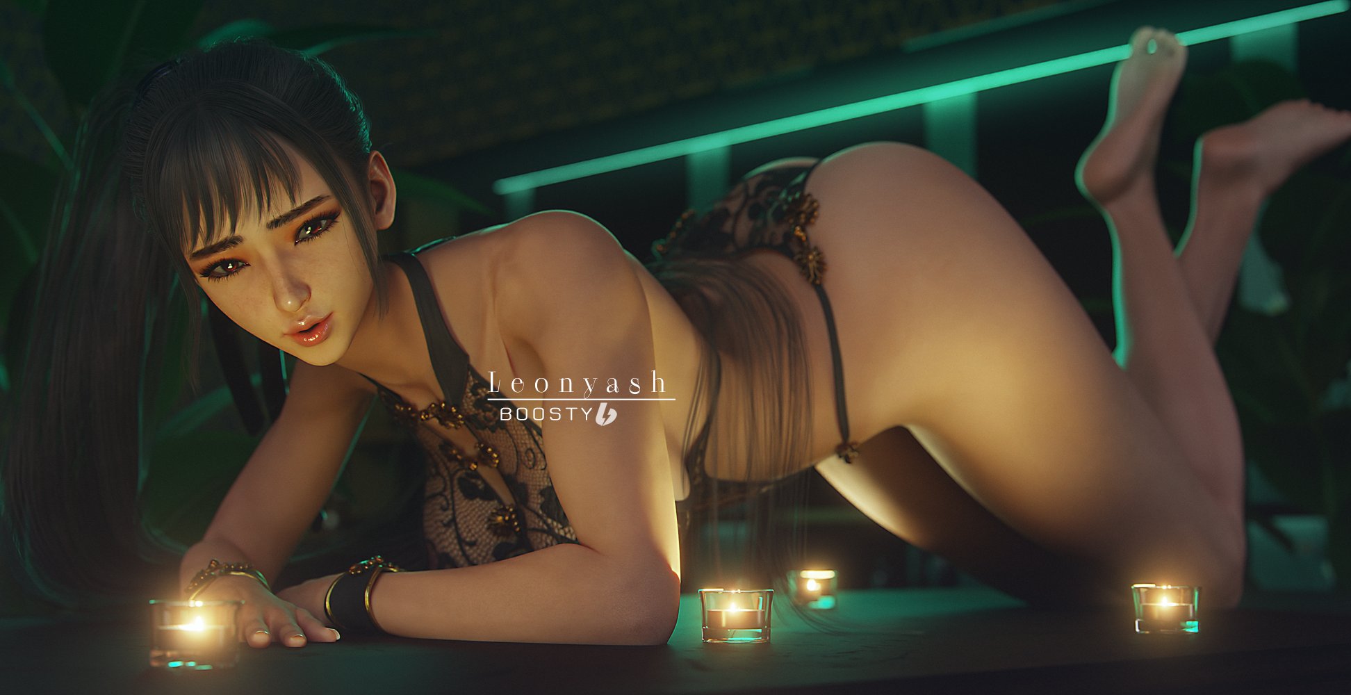 1girls, 2025, 3d, ass, barefoot, big ass, black hair, breasts, detailed background, eve (stellar blade), eyeshadow, feet, feet up, female, female only, full body, hanging breasts, huge breasts, indoors, leonyash3d, lingerie, lingerie bodysuit, lingerie only, lip gloss, long hair, looking at viewer, mascara, mesh bodysuit, on all fours, orange eyes, pink lip gloss, plump lips, ponytail, side view, soles, solo, stellar blade, thighs, tied hair, toes, very long hair