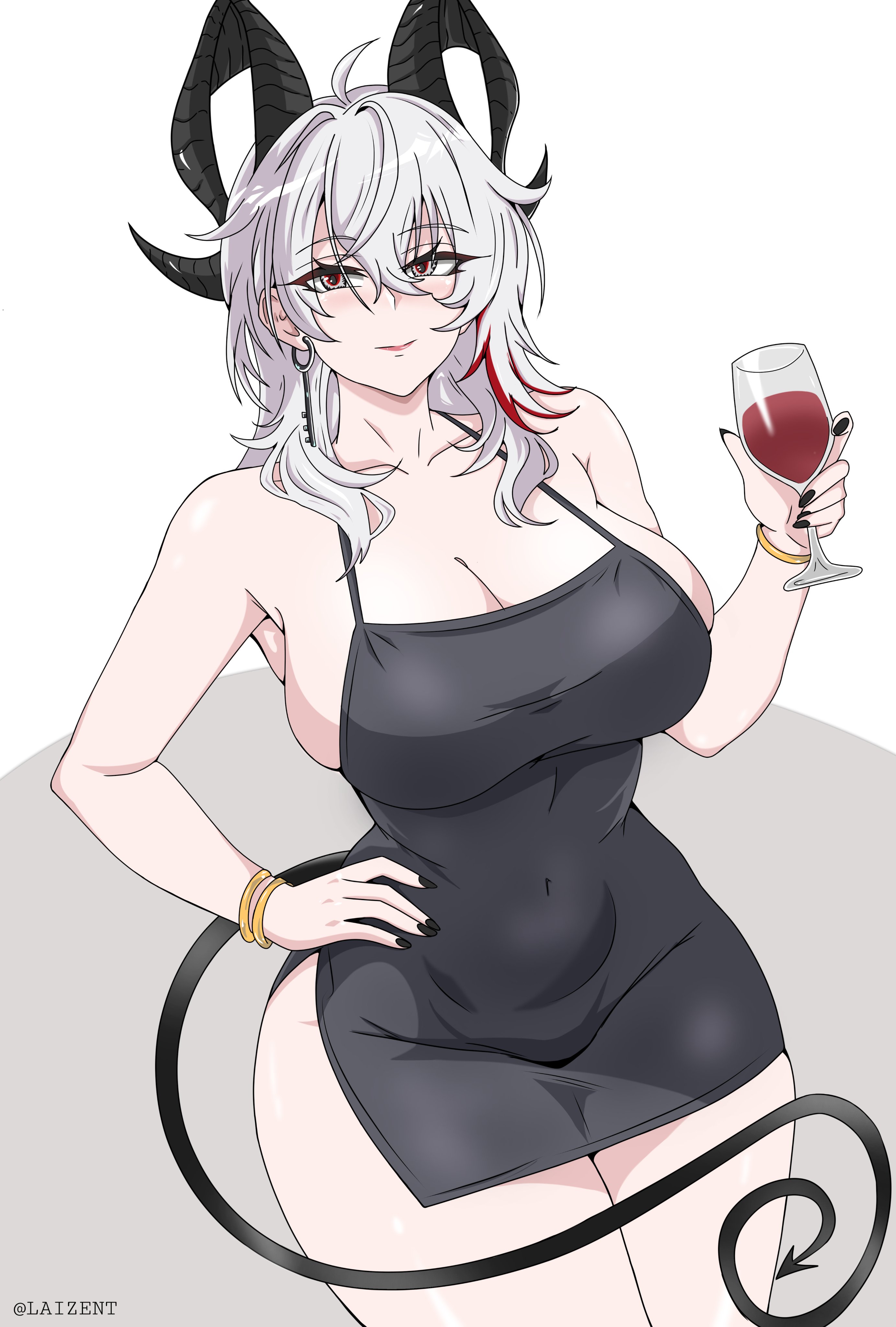 artzyzen, belly button, big breasts, busty, busty female, champagne, curvy, curvy female, dress, hand on hip, horns, juicy lips, laizent art, shoulder length hair, tail, thick thighs, white hair, wide hips, wuthering waves, zani (wuthering waves)