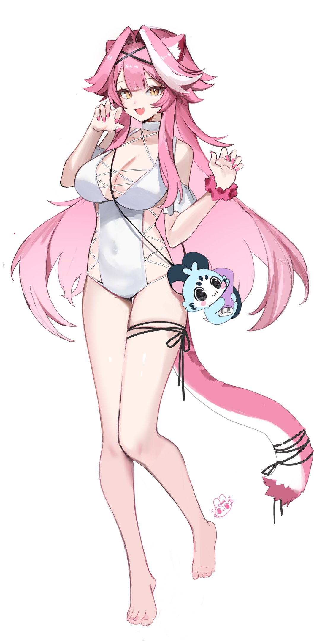 1girls, alternate costume, animal ear fluff, animal ears, animal tail, arm up, armpits, breasts, cat girl, cat tail, chattino (raora panthera), choker, cleavage, covered navel, cross-laced clothes, cross-laced one-piece swimsuit, fan mascot (vtuber), female, front view, hair intakes, heart, heart-shaped eyewear, highres, hololive, hololive english, hololive english -justice-, hourglass figure, knees together, knees together feet apart, large breasts, light skin, light-skinned female, long hair, looking at viewer, multicolored hair, official alternate costume, official art, one-piece swimsuit, open mouth, panther ears, panther girl, panther tail, paw pose, pink hair, pink nails, raora panthera, raora panthera (artist), raora panthera (secret island), scrunchie, scrunchie on wrist, simple background, smile, smiling, smiling at viewer, solo, solo female, solo focus, standing, streaked hair, swimsuit, tail, thighs, very long hair, virtual youtuber, visible navel, white background, white choker, white hair, white one-piece swimsuit, yellow eyes