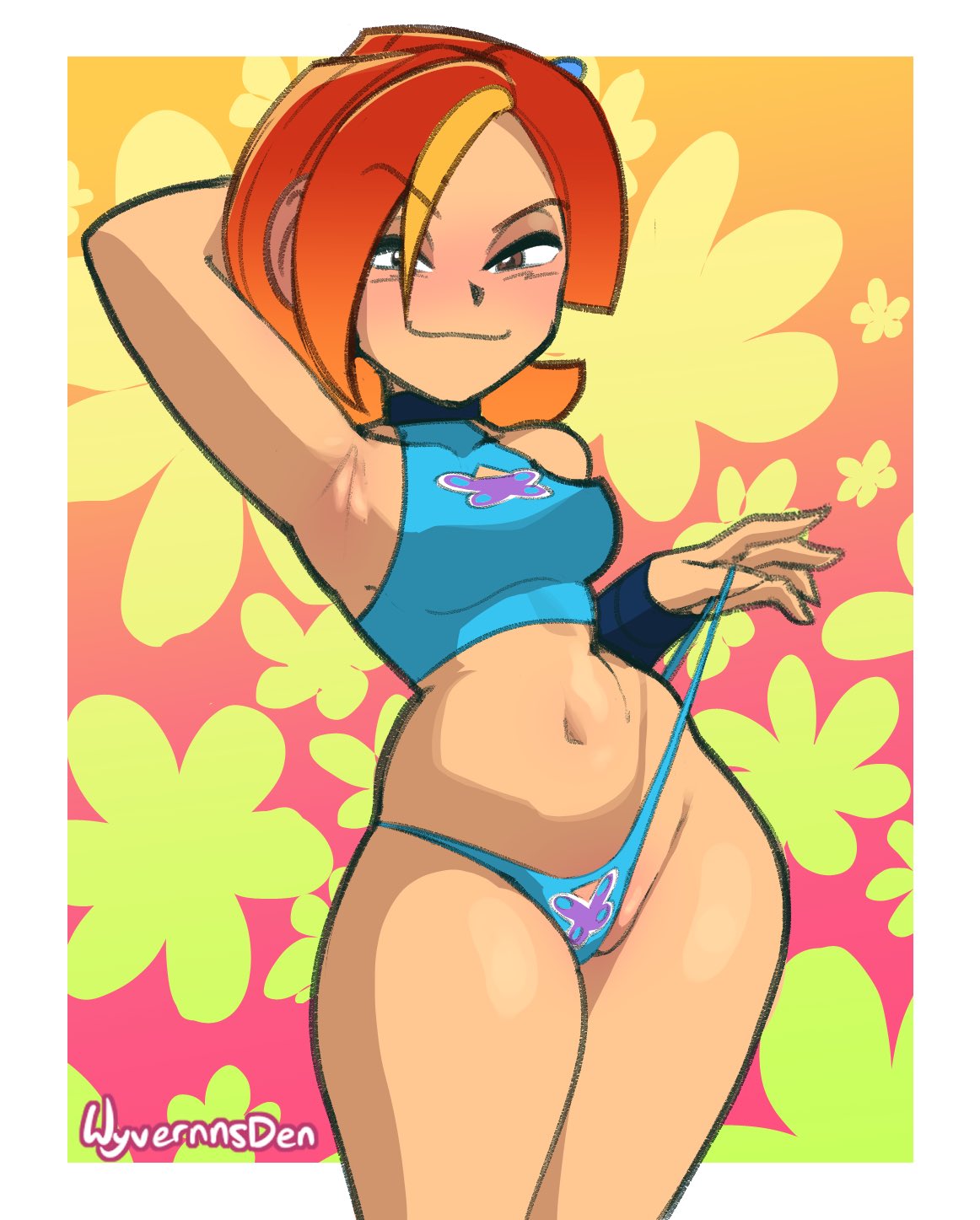 1girls armpits arms_up blush breasts butterfly_(planetronika) curvy naughty_face orange_hair panties panties_pull panties_pulled_aside planetronika shiny_skin short_hair tank_top thick_thighs thong voluptuous_female wide_hips wyvernnsden