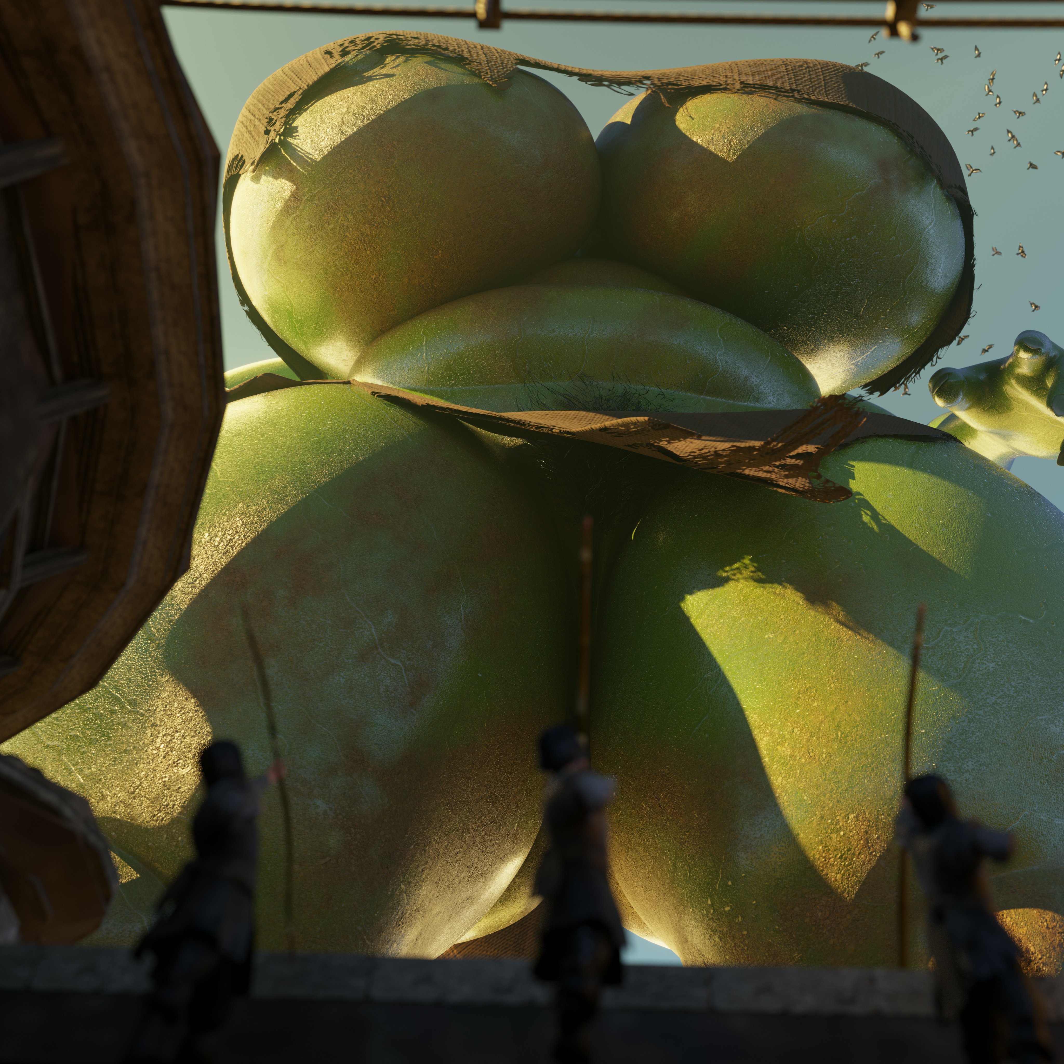 3d, 3d (artwork), absurd res, big boobs, big breasts, birds, boobs, breasts, emiliafert, female, female focus, giant female, giant woman, giantess, glasses, glasses on face, gobbo (scrag boy), goblin, goblin female, green skin, green skinned female, highres, huge boobs, huge breasts, human, imminent crush, light skin, light-skinned female, light-skinned male, monster, monster girl, ragged clothing, running, scrag boy (model), shortstack, shortstack female, shortstack giantess, thick thighs, thighs, walking