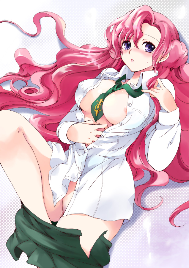 1girls between_breasts blush breasts cleavage code_geass euphemia_li_britannia female huge_breasts kurimomo large_breasts long_hair lying magenta_hair necktie necktie_between_breasts nipple_slip nipples no_bra no_panties on_back open_clothes open_shirt pink_hair purple_eyes shirt solo undressing