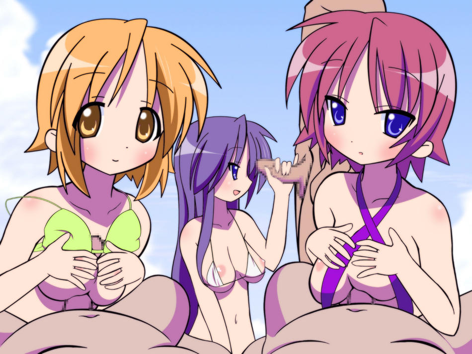 3boys 3girls breasts censored female group handjob human inori_hiiragi lucky_star male matsuri_hiiragi miki_hiiragi multiple_girls nipples paizuri penis straight