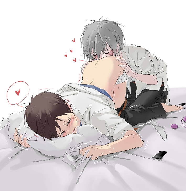 2boys anilingus ass ass_grab ass_up blanket_grab blush bottom_up buttmunch clothing gay hearts human human_only kaworu_nagisa male male/male male_on_male male_only neon_genesis_evangelion pillow pillow_grab rimjob shinji_ikari shivering tongue_fucking trembling yaoi