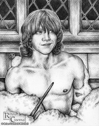 actor bath black_and_white caucasian caucasian_male celebrity harry_potter in_character male male_only monochrome nipples nude realistic ron_weasley rough_canvas rupert_grint sketch solo teen_boy uncolored wand