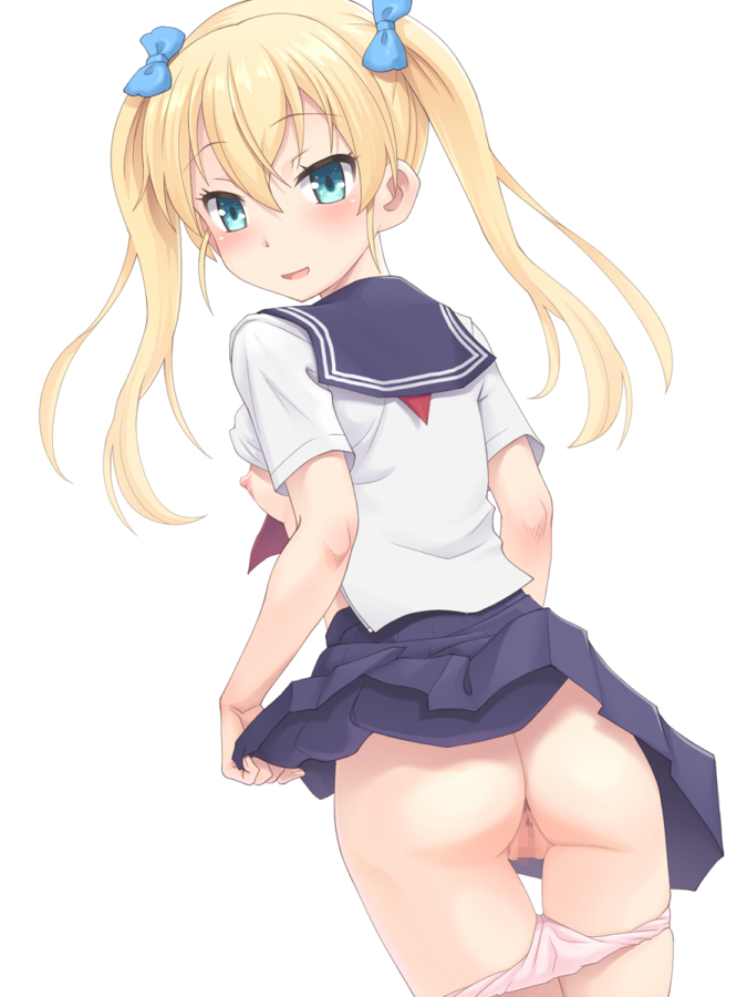 ass blonde_hair blush bow breasts censored dutch_angle female female hair_between_eyes hairbow long_hair looking_at_viewer looking_back meow_(nekodenki) mosaic_censoring nipples open_mouth original panties panty_pull pussy school_uniform serafuku short_sleeves simple_background skirt skirt_lift small_breasts solo twintails uniform white_background