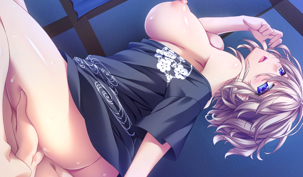 1boy areolae ass bare_shoulders blonde_hair blue_eyes blush breasts choco_chip cowgirl_position dutch_angle female game_cg hand_on_thigh head_tilt large_breasts namaiki_~kissuisou_e_youkoso!~ nipples off_shoulder ogata_saki open_mouth puffy_nipples sex shirt short_hair