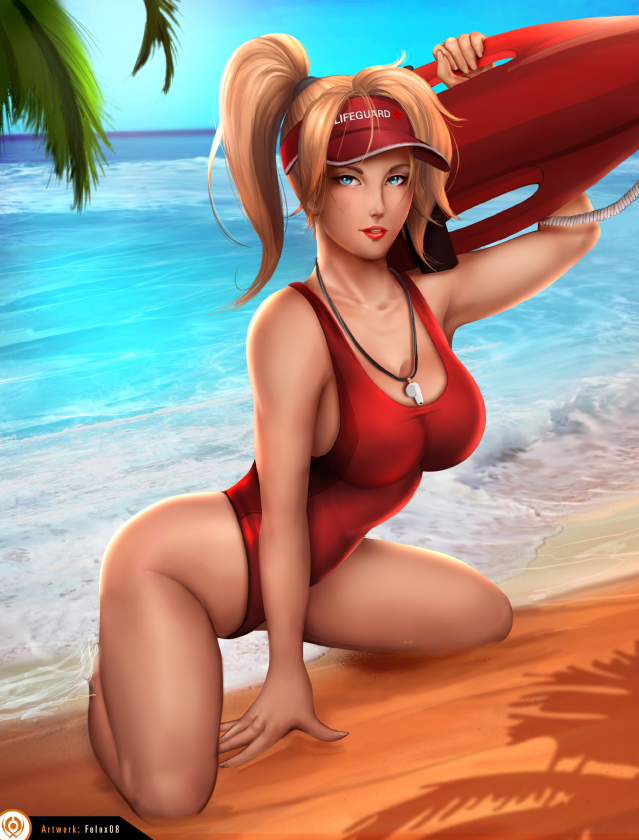 blonde hair, blue eyes, breasts, cleavage, felox08, female, female only, looking at viewer, mercy, one-piece swimsuit, overwatch, solo, swimsuit