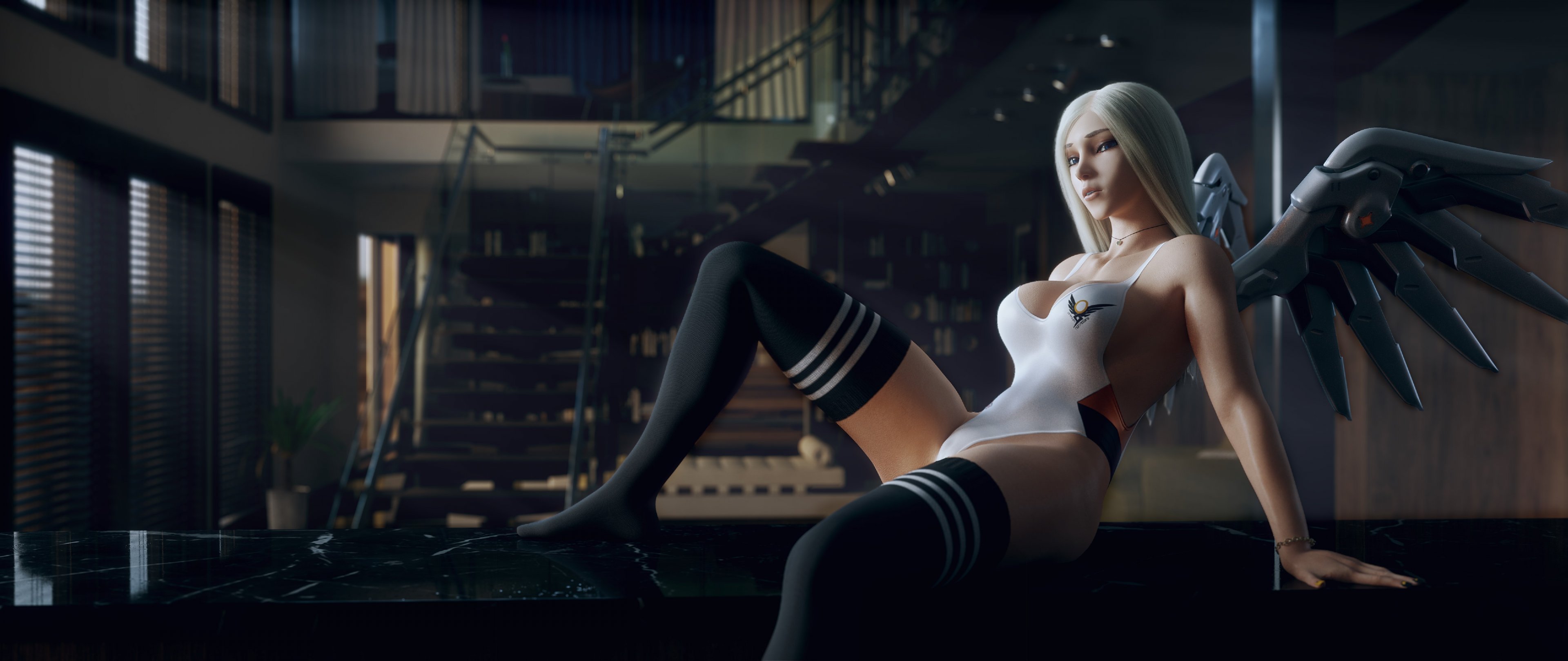 3d, 3d (artwork), blonde hair, female, hair down, mercy, overwatch, socks, swimsuit, thigh highs, thigh socks, vgerotica