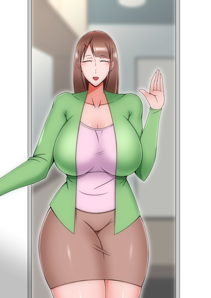 brown_hair brown_skirt cheating cheating_wife closed_eyes cuckold curvaceous curvy green_jacket greeting huge_breasts long_hair married_woman mature_female milf netorare ntr open_mouth original original_character pink_shirt plump puni2brain story thick_thighs voluptuous waving wife