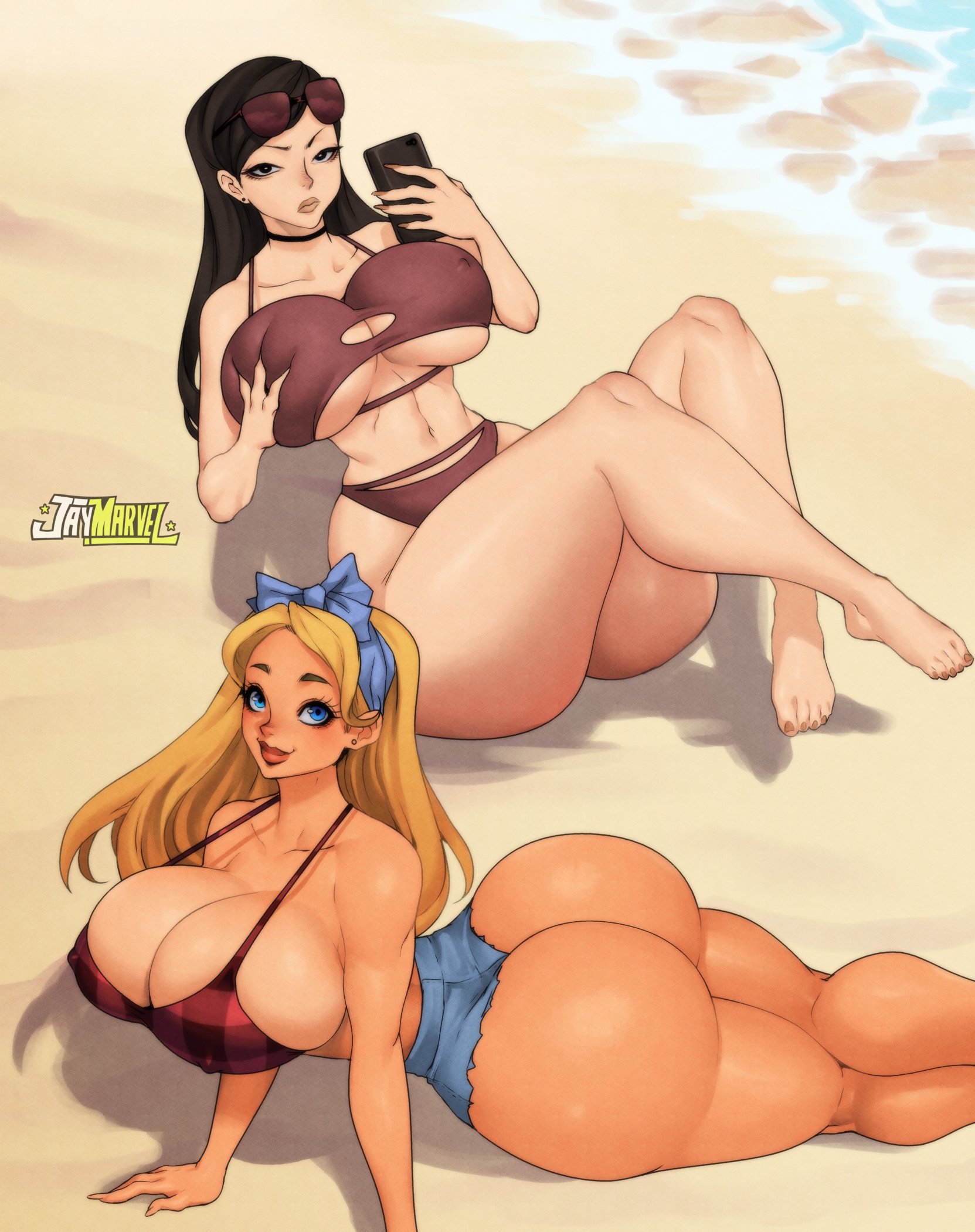 2021, 2girls, ass, beach, big ass, big breasts, big butt, bikini, black eyes, black hair, blonde hair, blue eyes, breast grab, breasts, cleavage, clothes, clothing, curvaceous, earrings, favorite, female, female only, heather (tdi), huge ass, huge breasts, jay-marvel, lindsay (tdi), long hair, looking at viewer, multiple females, multiple girls, nipples, nipples visible through clothing, paag, phone, pinup, sunglasses, thick thighs, total drama island, voluptuous, white skin, wide hips