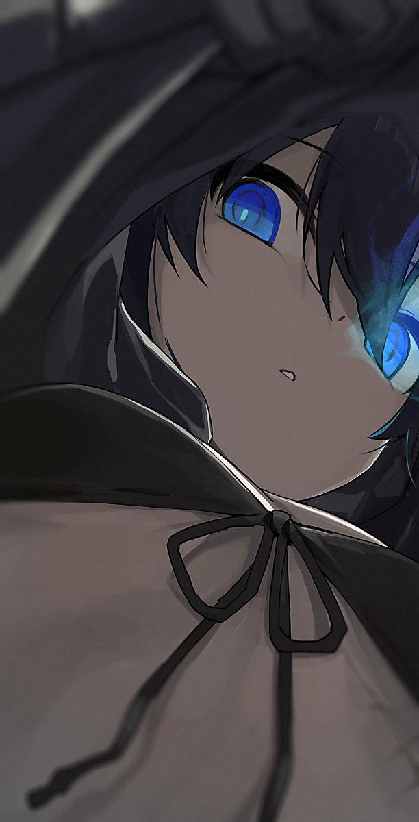 bikini black_hair black_rock_shooter black_rock_shooter_(character) blue_eyes hiroki_yyqw7151 looking_at_viewer looking_through_clothes scar small_breasts