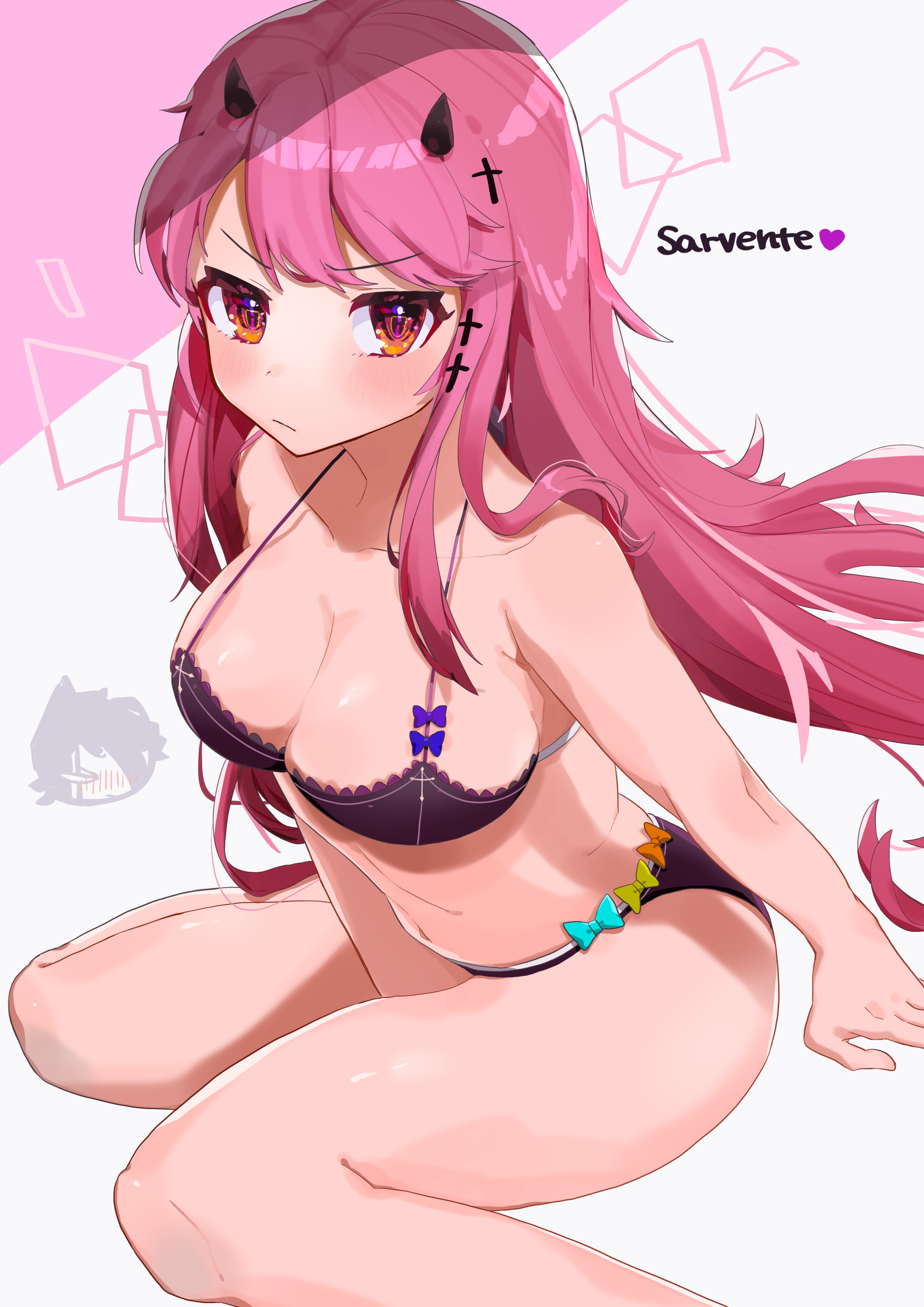 annoyed, blush, demon, demon girl, female, female only, friday night funkin, horns, kneeling, lingerie, looking at viewer, mid-fight masses, orange eyes, pink hair, pota (ぽたぁ), pout, ruv (dokki.doodlez), sarvente (dokki.doodlez)