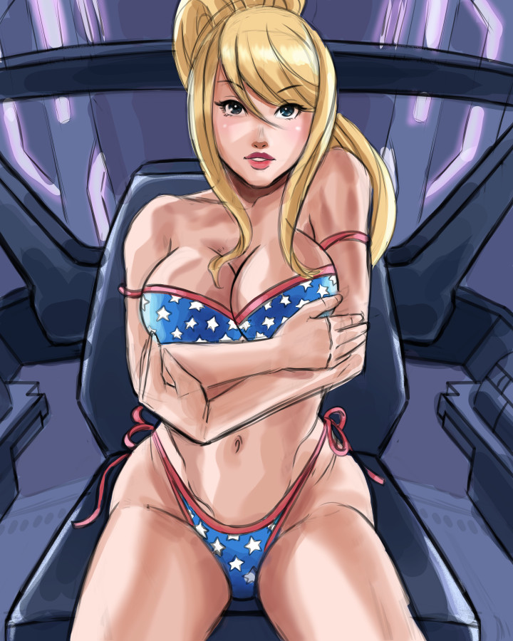 american_flag american_flag_bikini arms_under_breasts bangs big_breasts bikini blonde_hair blue_eyes breasts cleavage hips large_breasts lips long_hair looking_at_viewer metroid nintendo pale-skinned_female pale_skin plump_lips ponytail samus_aran voluptuous wide_hips xkorner