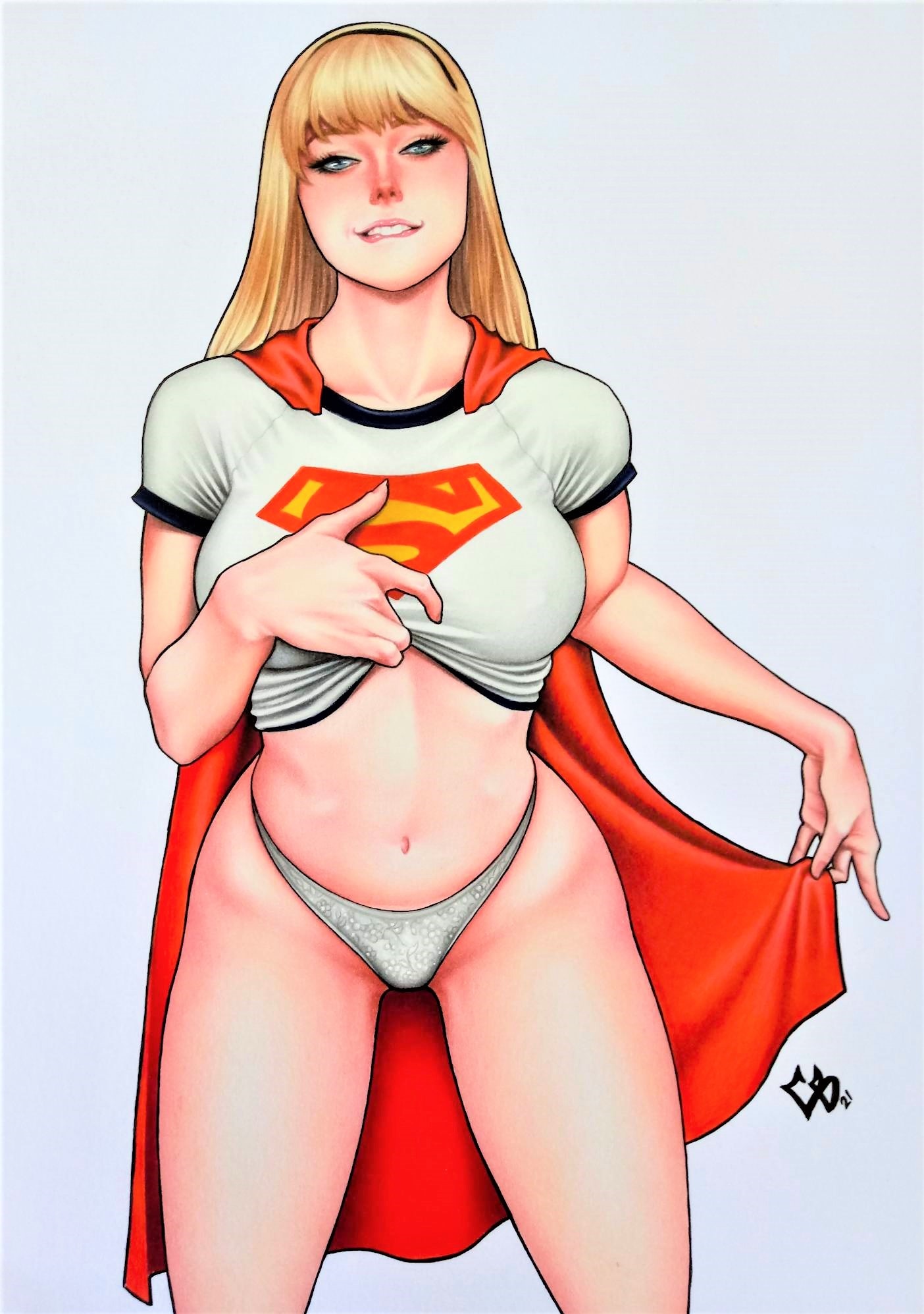 1girls, 2d, bangs, big breasts, biting lip, blonde hair, blue eyes, breasts, cape, chriscomicart, dc, dc comics, diadem, ed benes studio, female, female only, kara danvers, kara zor-el, lifting shirt, looking at viewer, naughty face, panties, pinup, pov eye contact, pussy, showing panties, showing pussy, solo, supergirl, supergirl (dcau), superhero, superhero costume, superheroine, superman (series), thick thighs, white panties