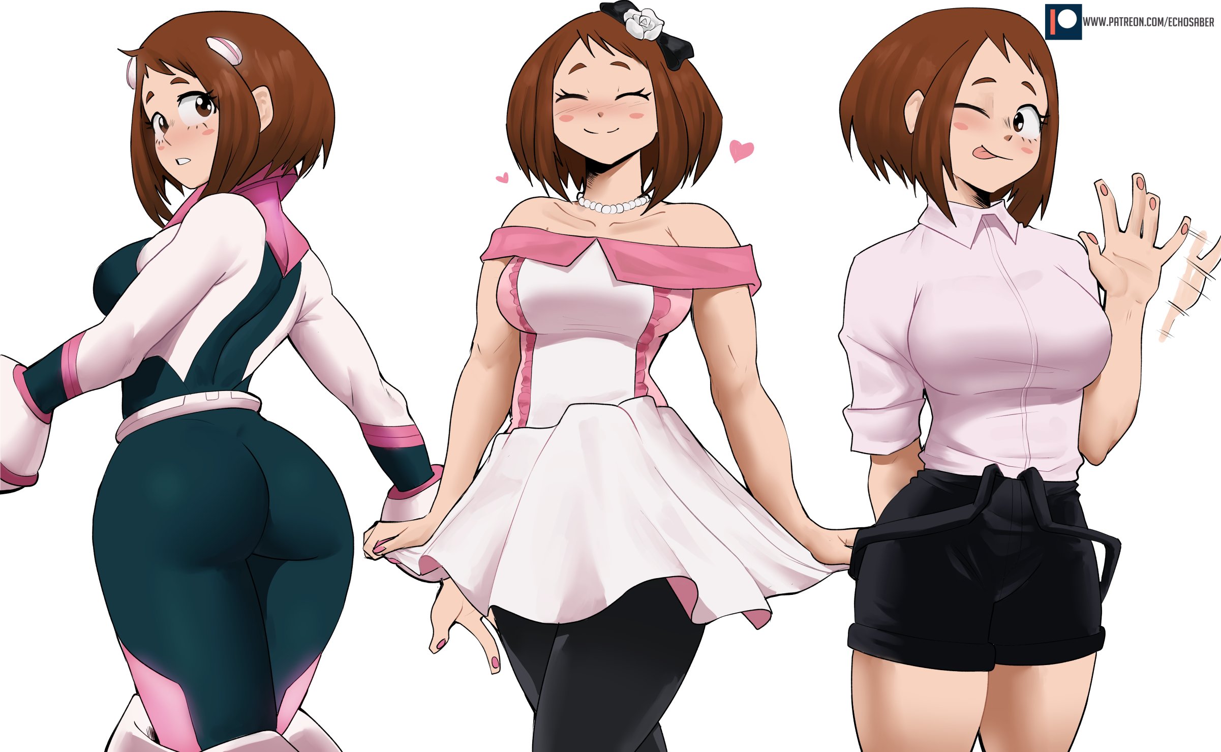 1girls, ass, blush, bodysuit, breasts, brown eyes, brown hair, brown-haired female, cute, echosaber, female, female only, fully clothed, hero outfit (mha), human, human female, large breasts, light-skinned female, looking at viewer, my hero academia, ochako uraraka, ochako uraraka (hero outfit), shounen jump, slim waist, smile, solo, superheroine, thick thighs, tight clothing, tongue, tongue out, white background, wide hips, wink