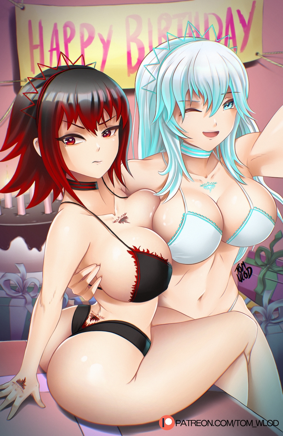 2girls ass asymmetrical_docking black_hair blue_eyes bubble_butt large_breasts lingerie medium_hair multicolored_hair original original_characters red_eyes red_hair tattoo teal_hair thong tom_wlod underwear voluptuous white_hair wink