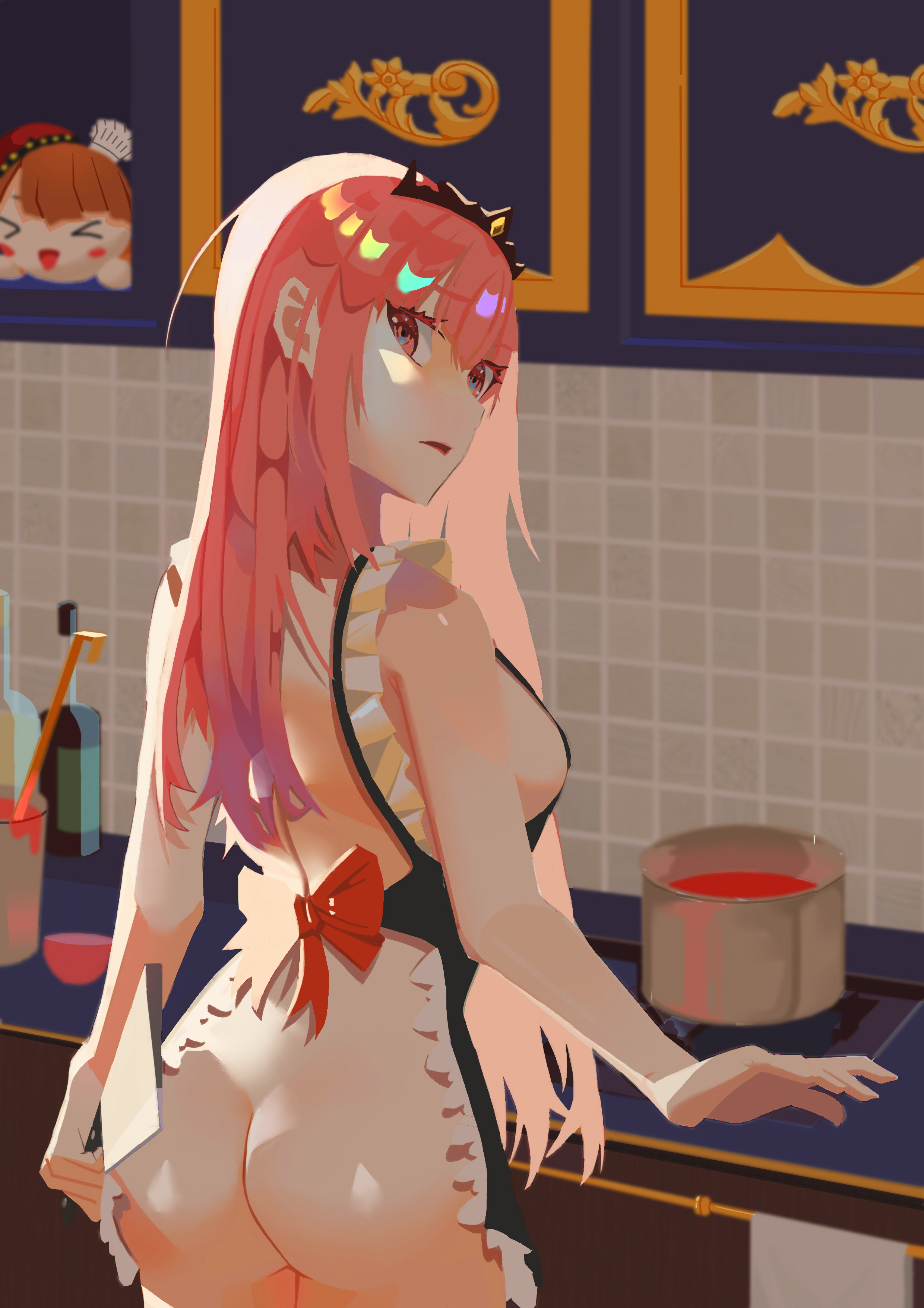 1girls, apron, ass, beret, chef hat, cleaver, female, female only, hadaka apron, hat, hololive, hololive english, hololive myth, kitchen, long hair, looking at viewer, looking back, mori calliope, multiple hats, naked apron, orange hat, parted lips, pink eyes, pink hair, plushie, pot, red beret, red hat, takanashi kiara, takanashi kiara (1st costume), tiara, virtual youtuber